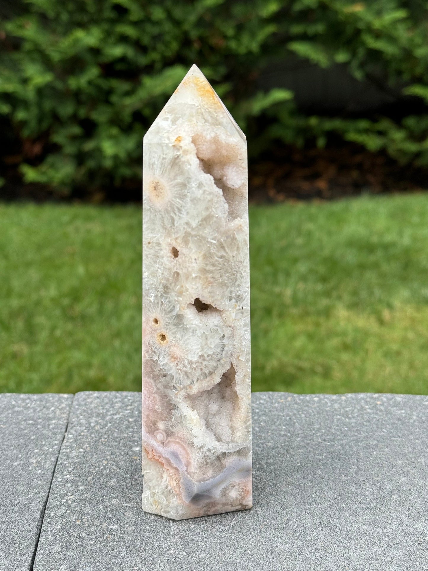 High Quality Green Quartz & Flower Agate Druzy Tower