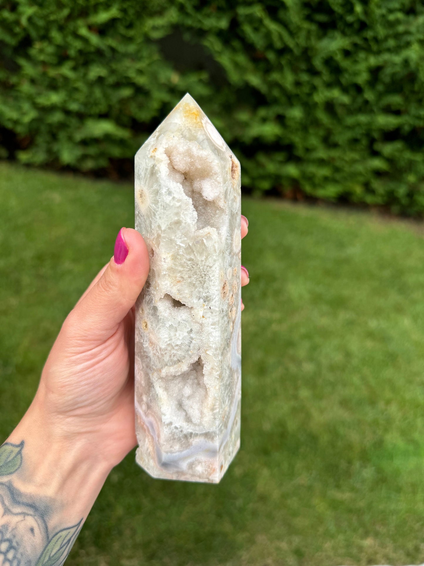High Quality Green Quartz & Flower Agate Druzy Tower
