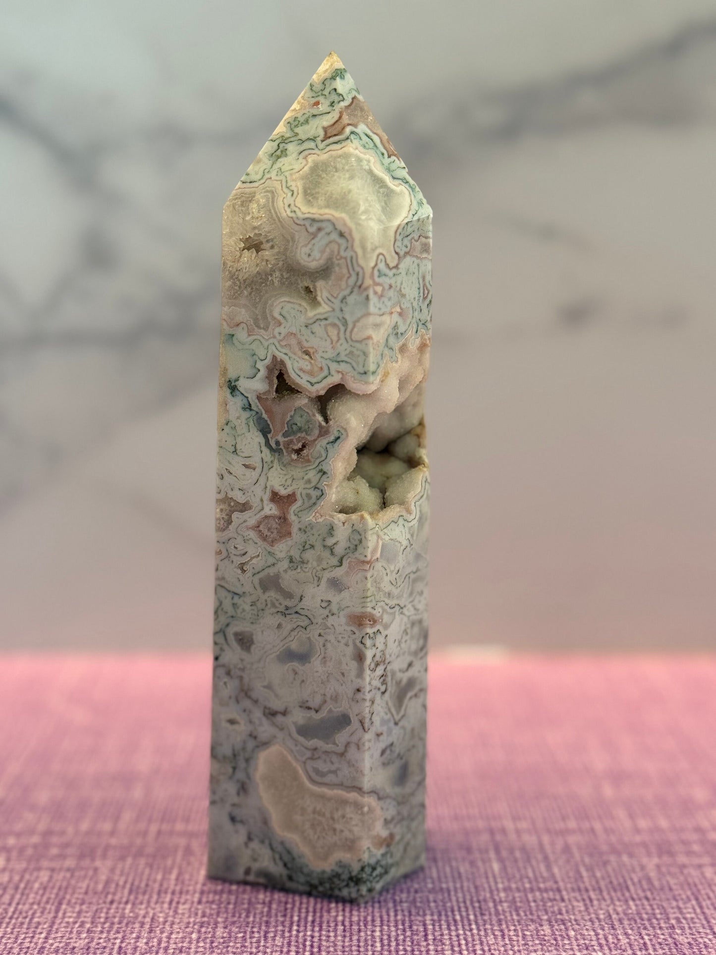 XL Druzy Pink Moss Agate Tower