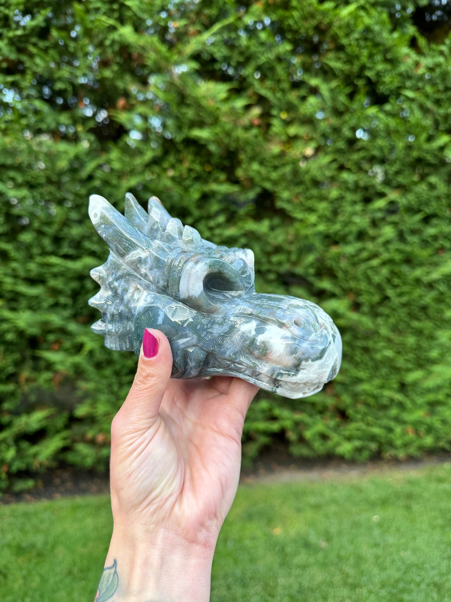 XL Moss Agate Dragon Head Carving (5.3")