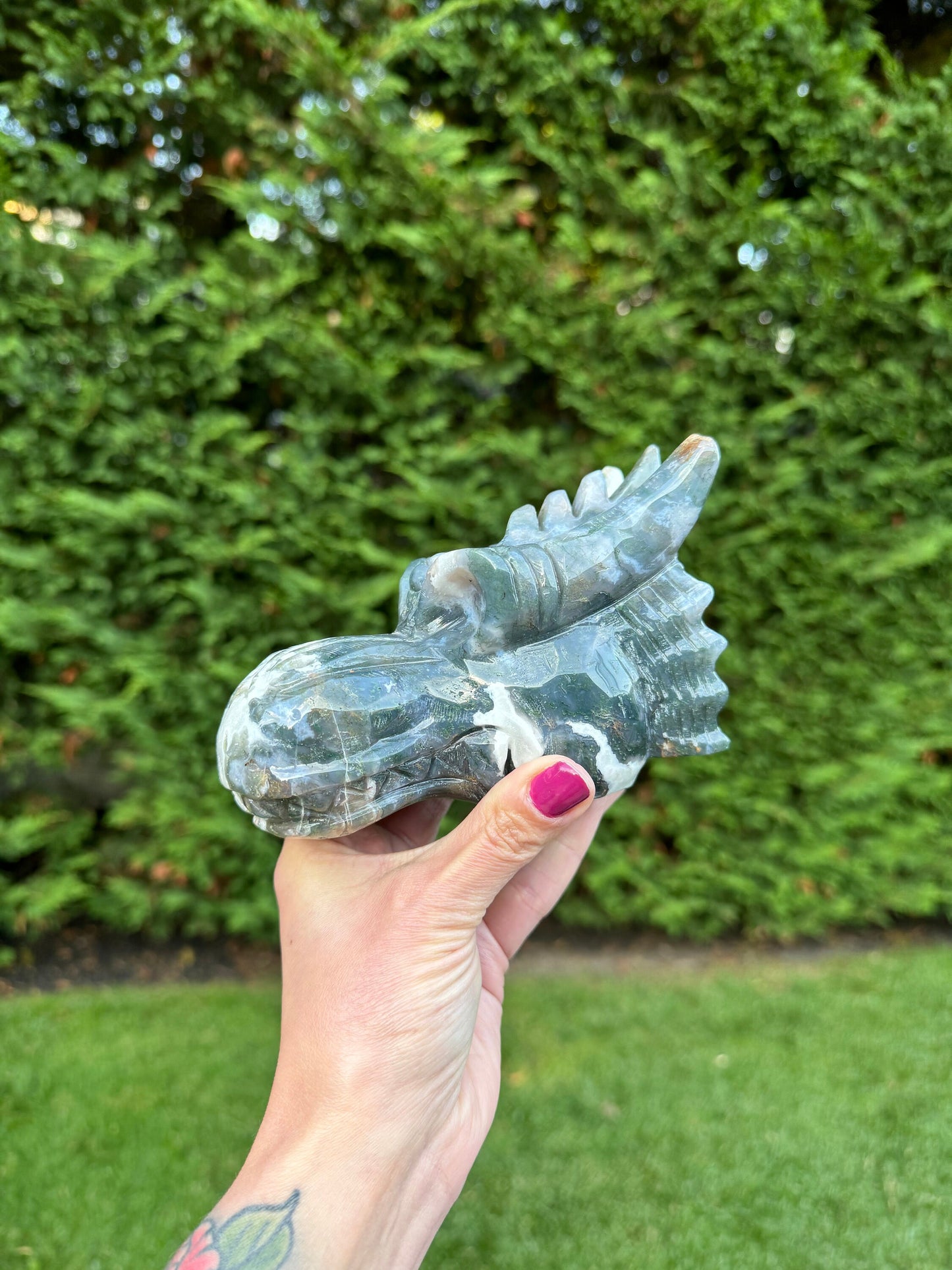 XL Moss Agate Dragon Head Carving (5.3")