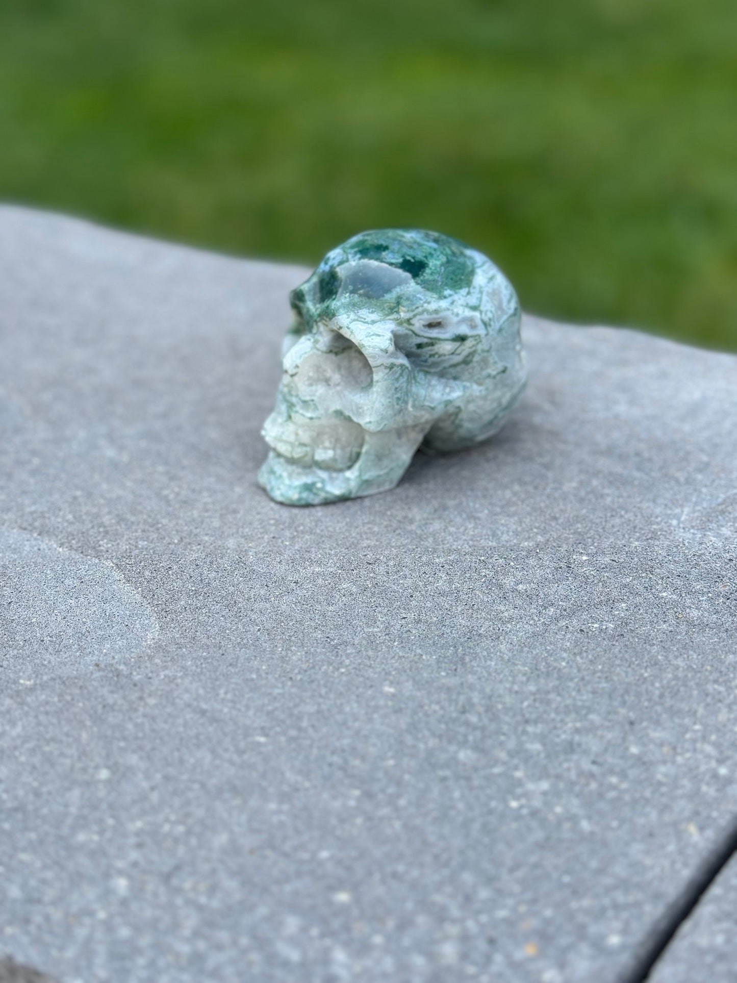 Druzy Moss Agate Skull Carving
