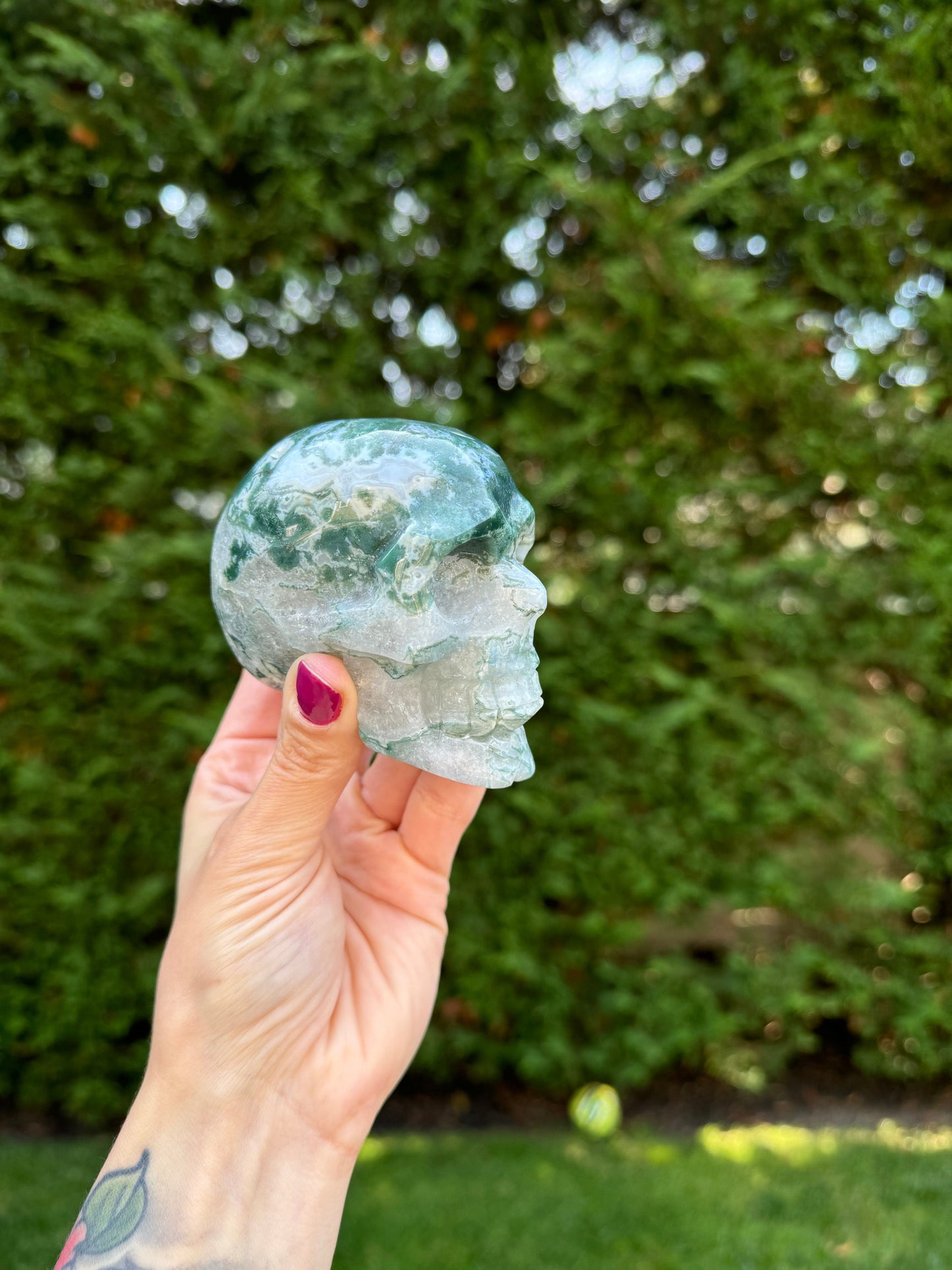 Druzy Moss Agate Skull Carving