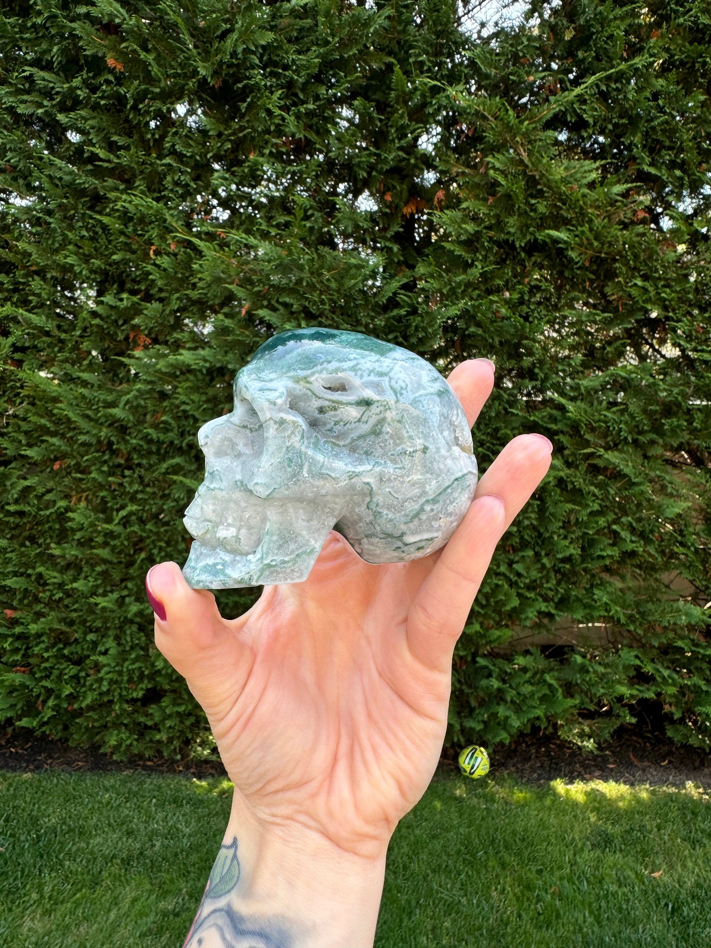Druzy Moss Agate Skull Carving