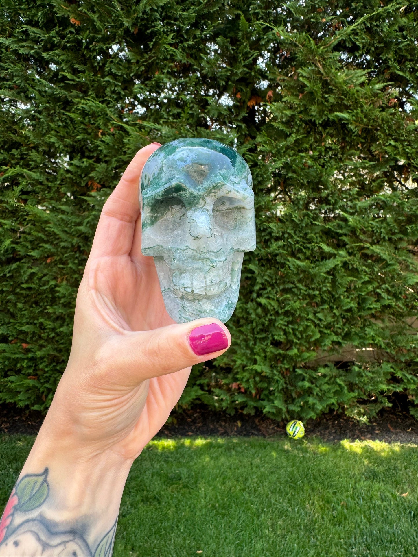 Druzy Moss Agate Skull Carving