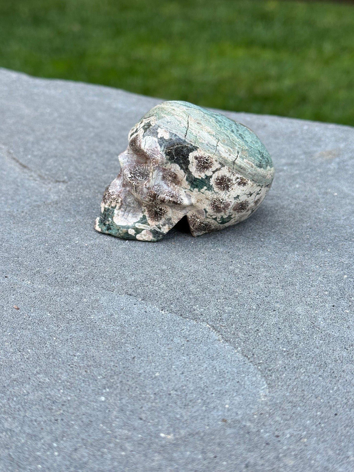 Green Sakura Jasper Skull Carving
