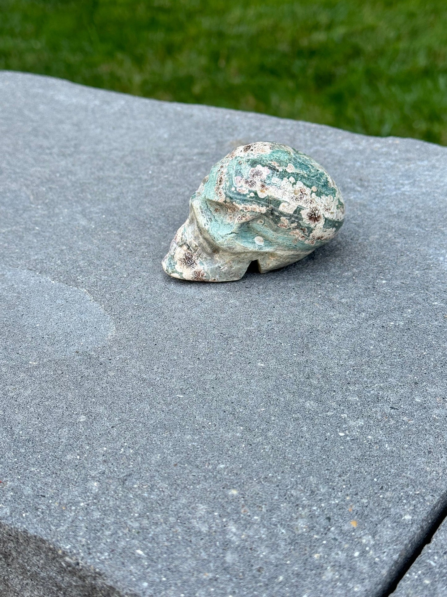 Green Sakura Jasper Skull Carving (2.87")