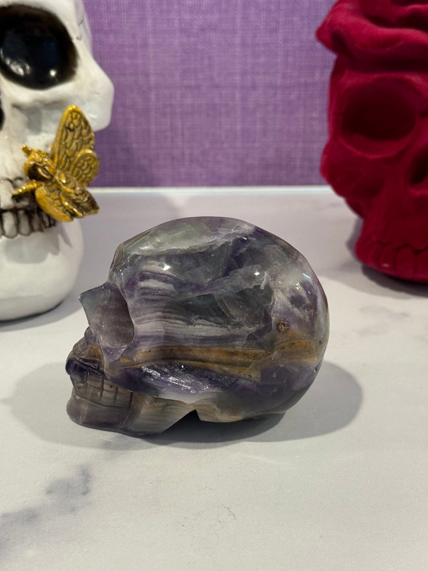 Banded Fluorite Skull Carving (1.7lbs)