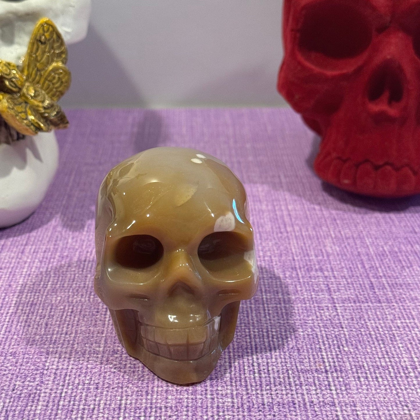 Flower Agate Skull Carving (3.25")