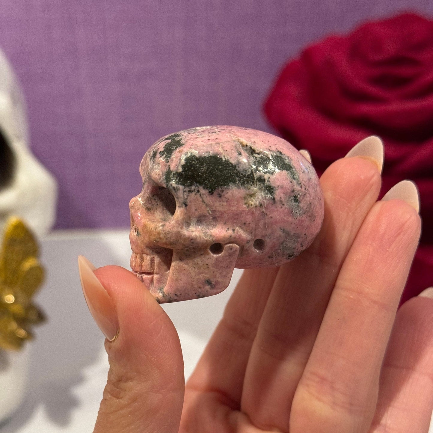 Peruvian Rhodonite Skull Carving
