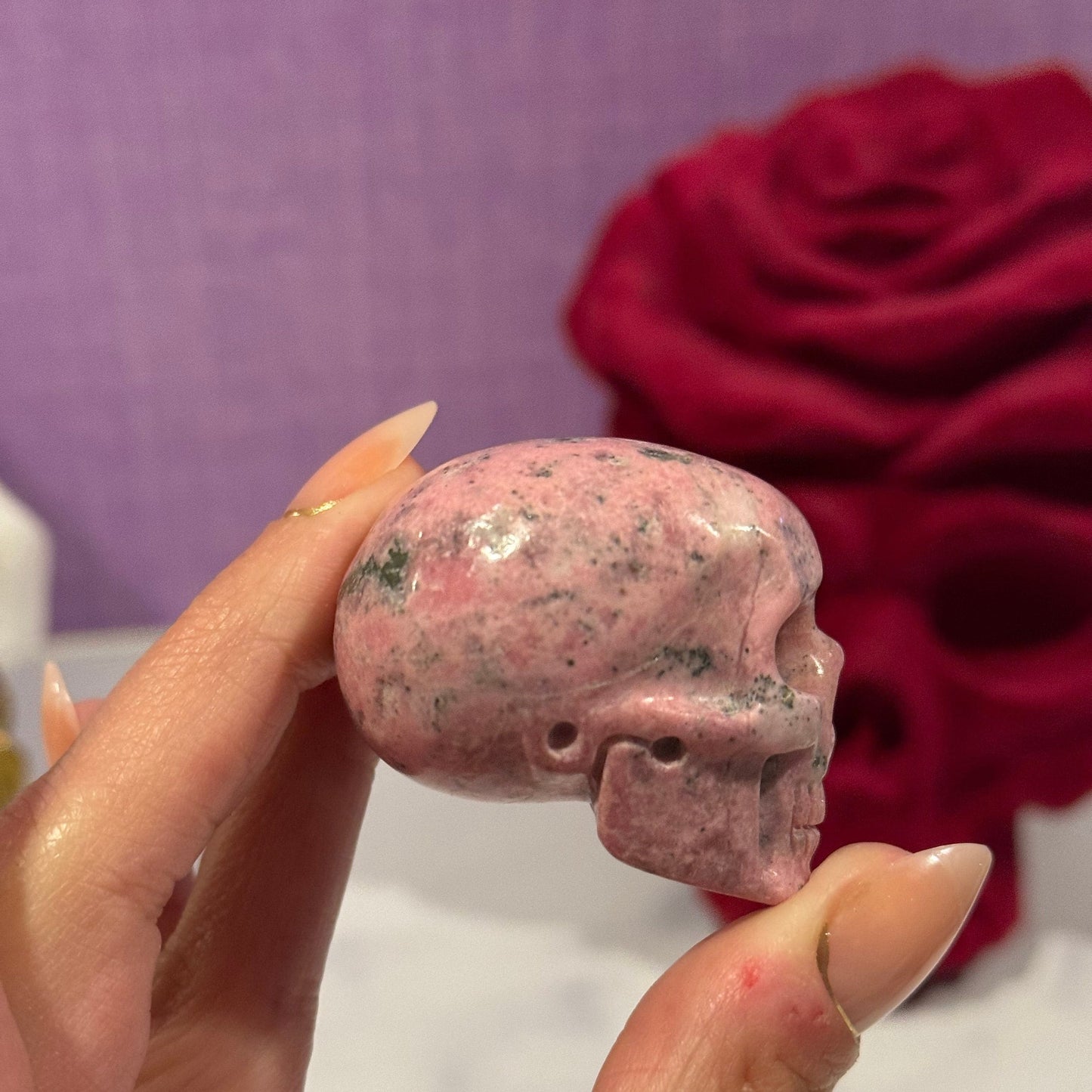 Peruvian Rhodonite Skull Carving