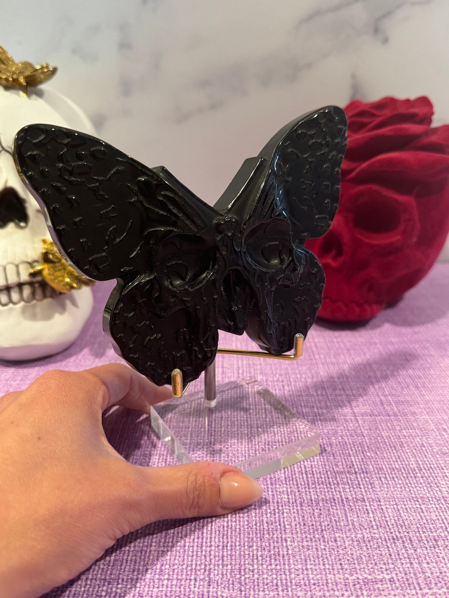 Black Obsidian Butterfly Skull Carving