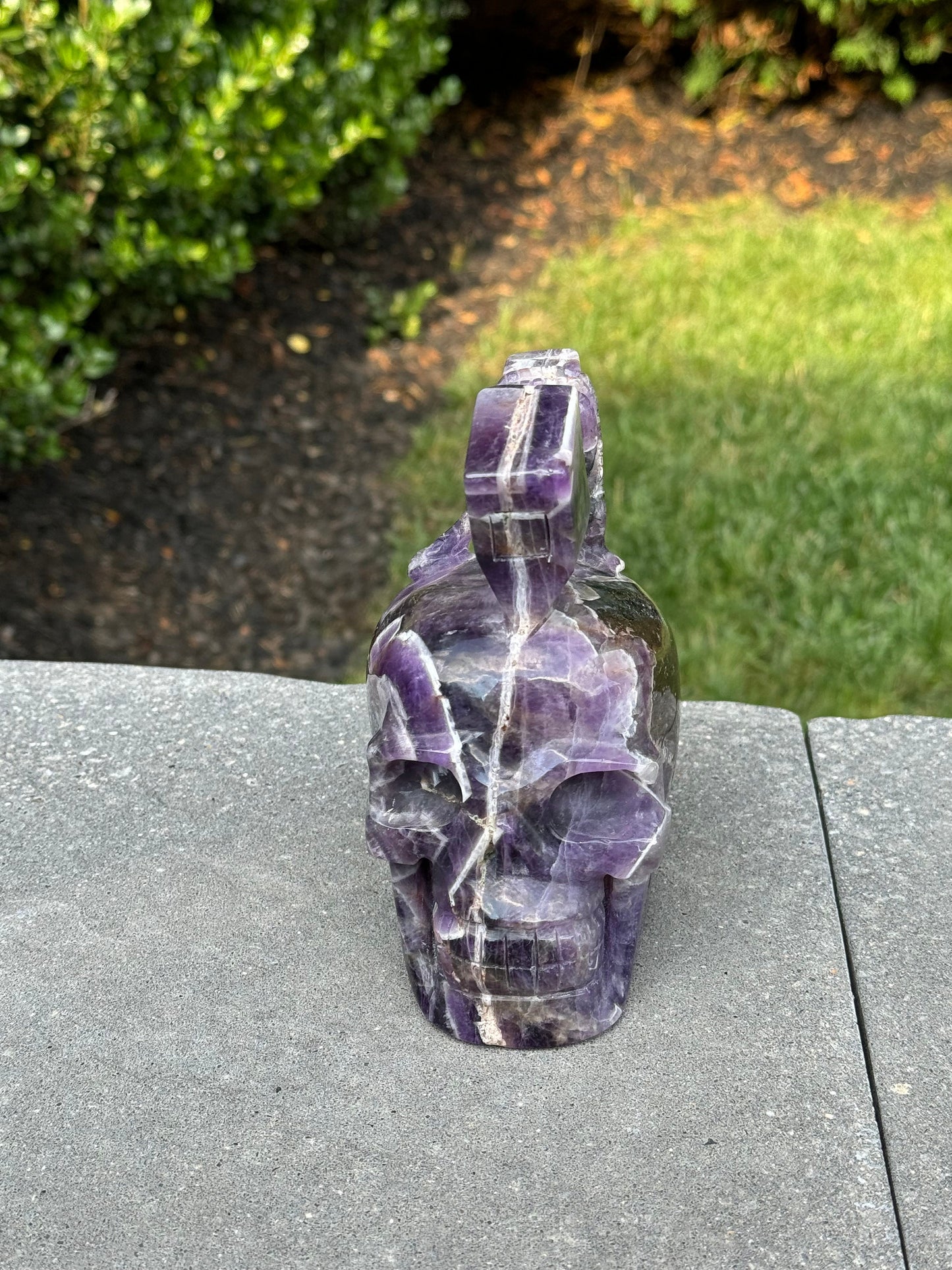 Chevron Amethyst Skull & Axe Carving (4.5")