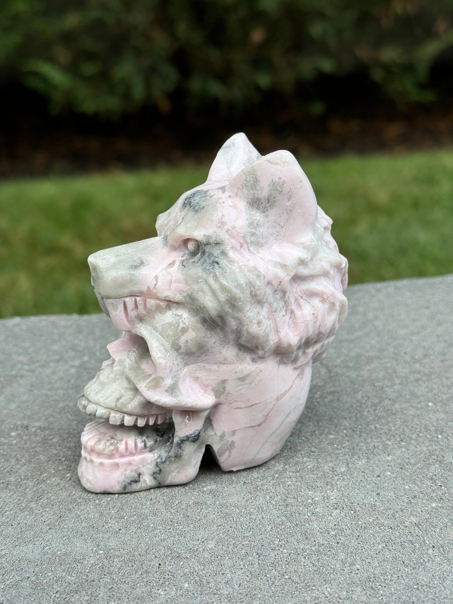 Pink Opal Skull & Wolf Head Carving