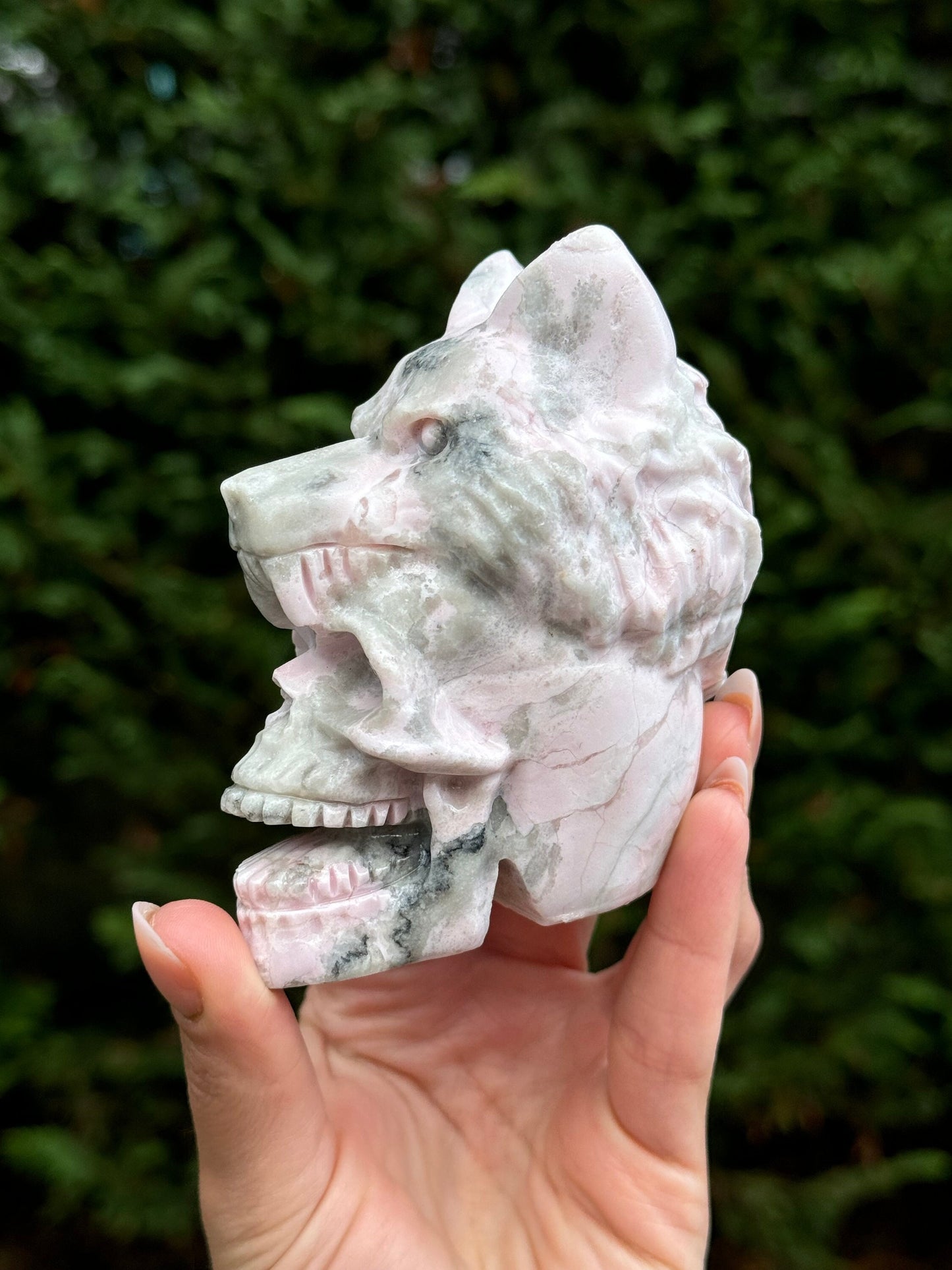 Pink Opal Skull & Wolf Head Carving