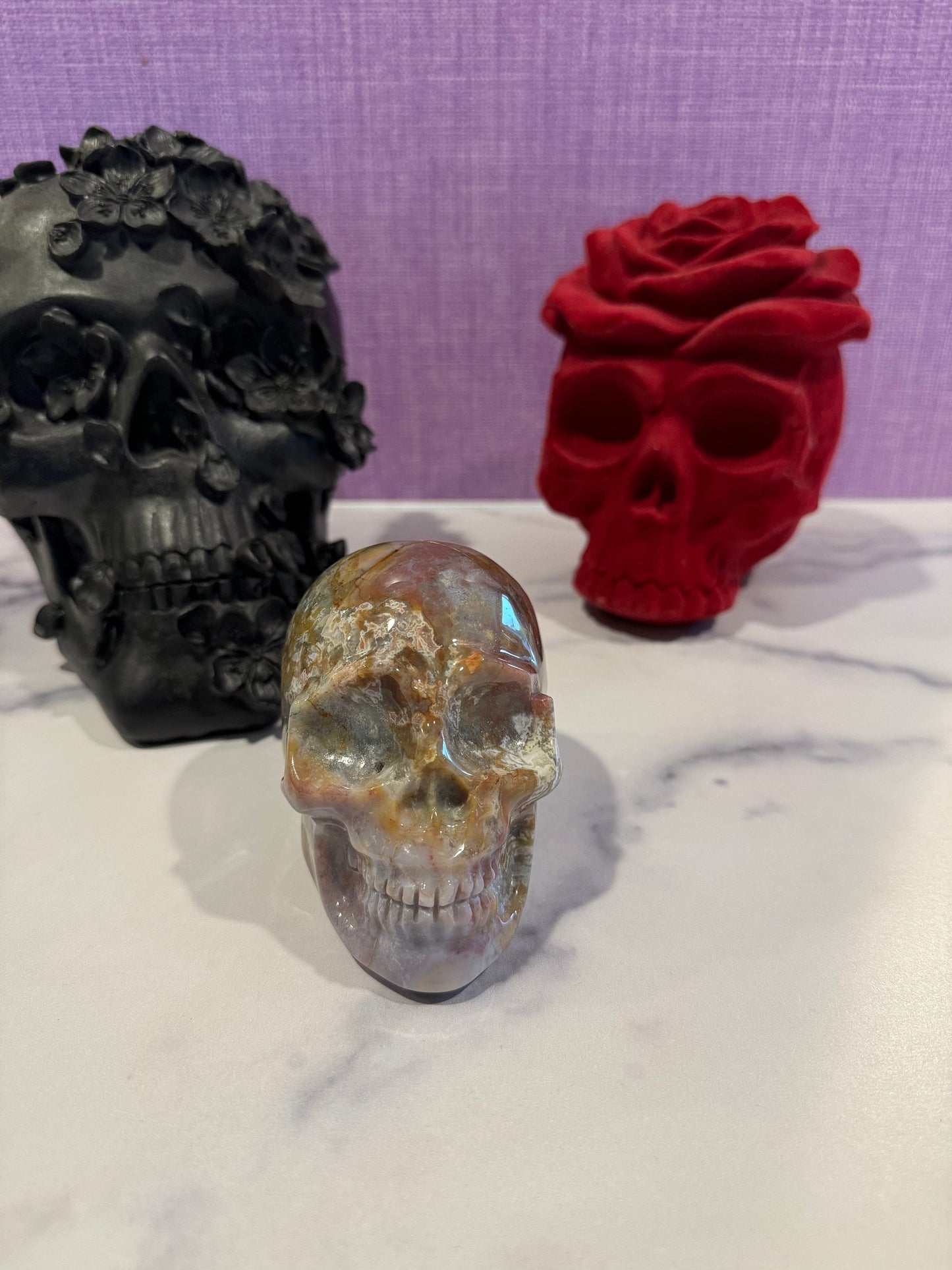 Druzy Ocean Jasper Skull Carving (4")