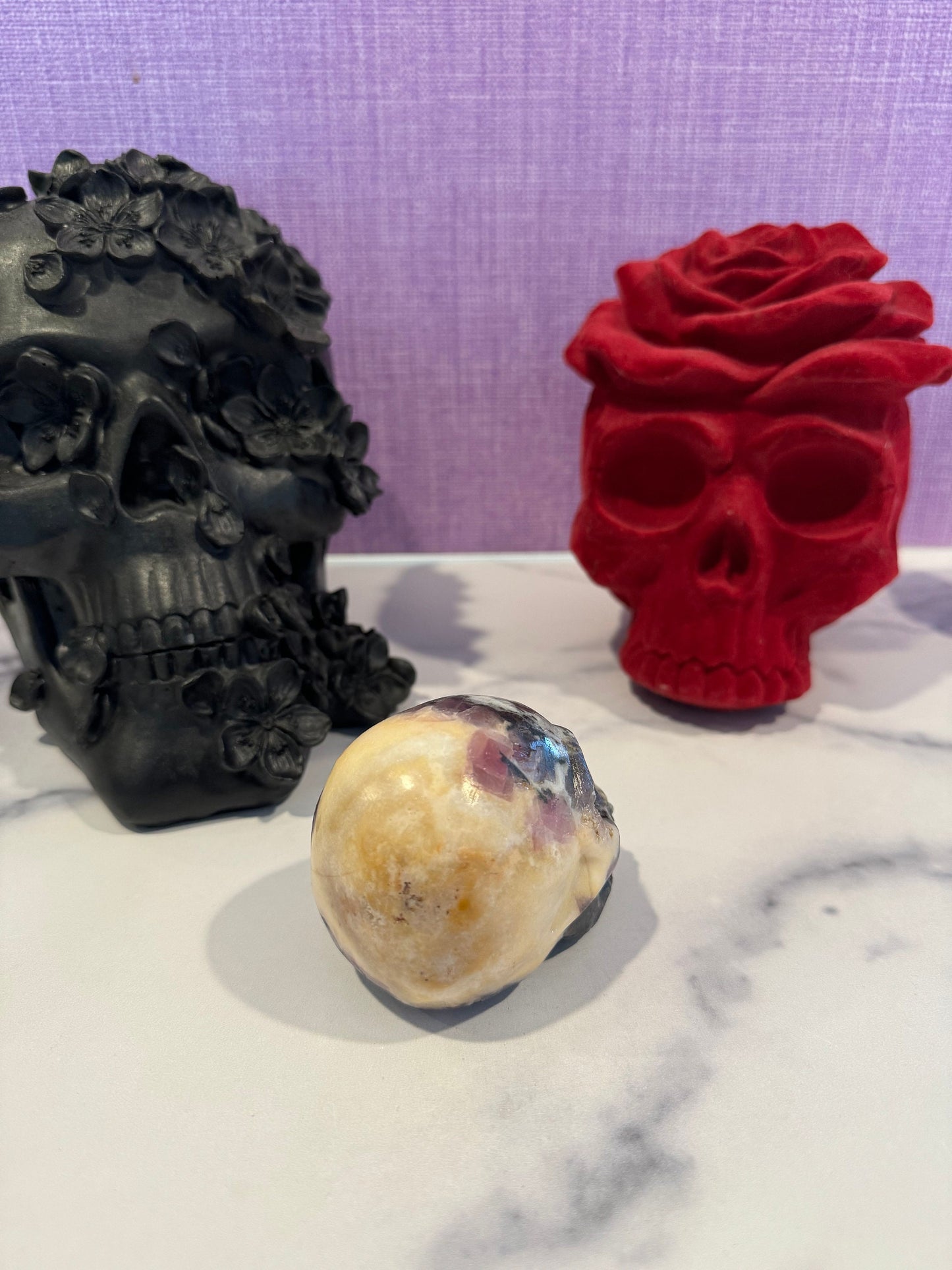 Purple Sphalerite & Orange Calcite Skull Carving (3")