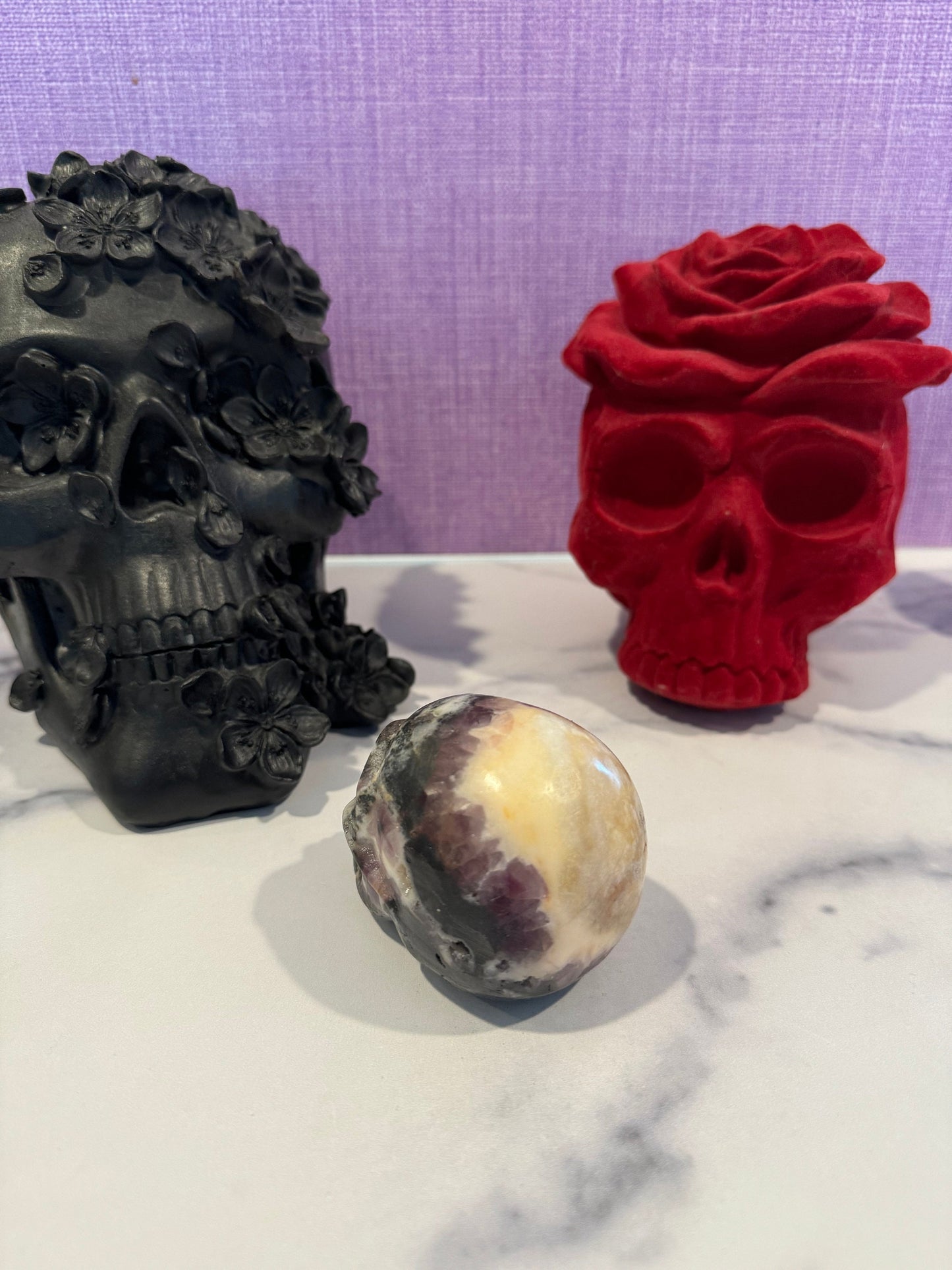 Purple Sphalerite & Orange Calcite Skull Carving (3")