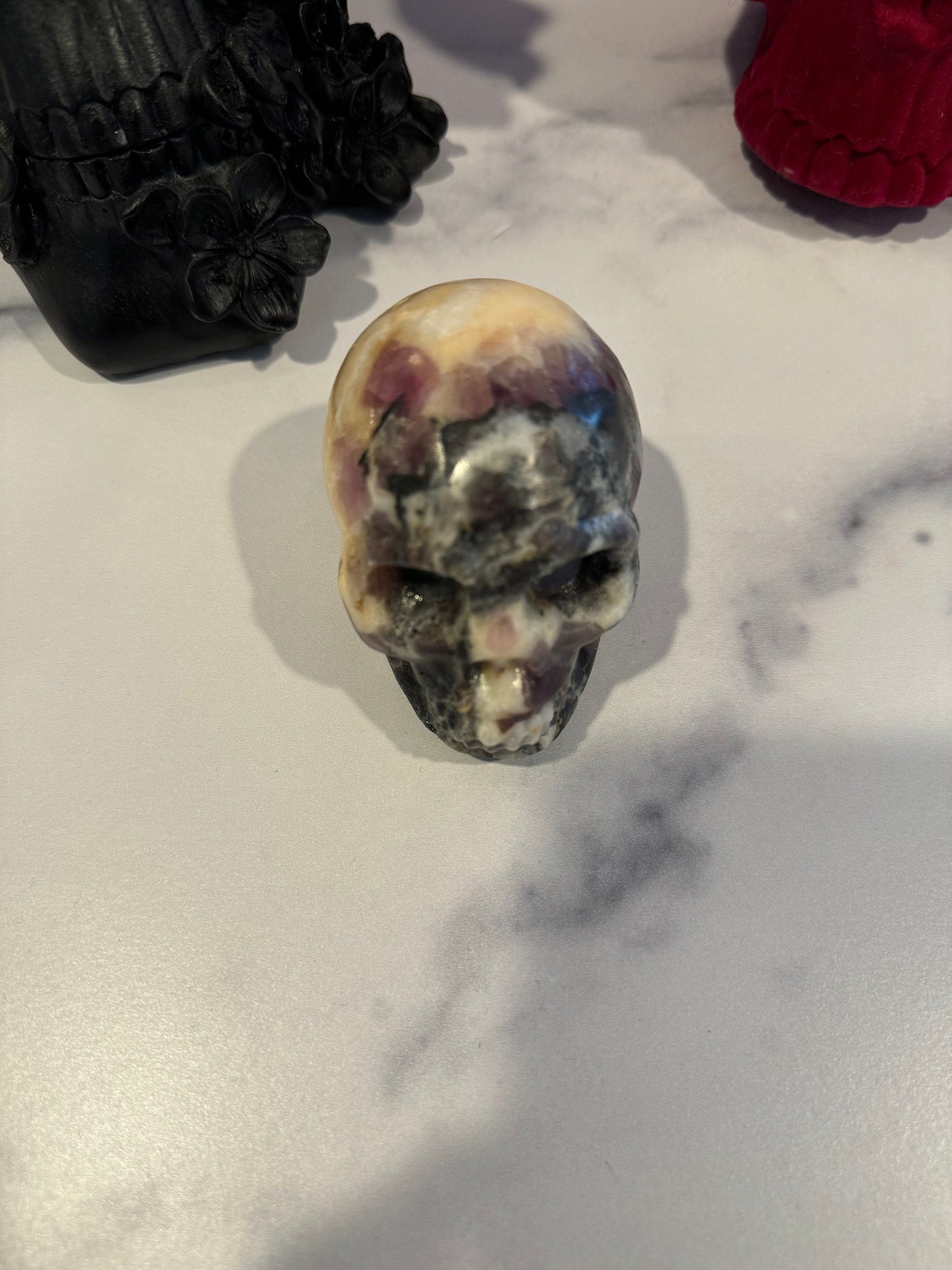 Purple Sphalerite & Orange Calcite Skull Carving (3")