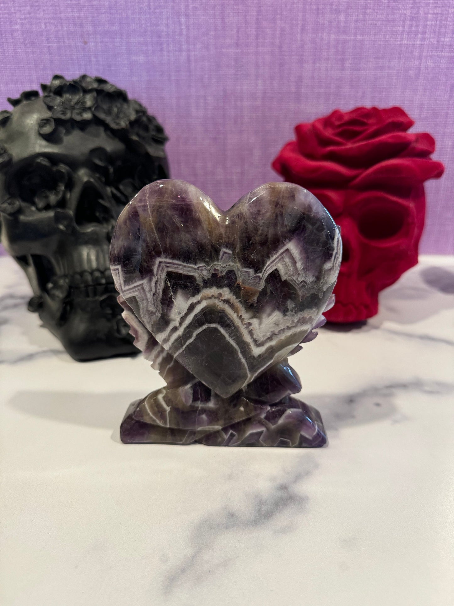 Chevron Amethyst Heart & Swan Carving