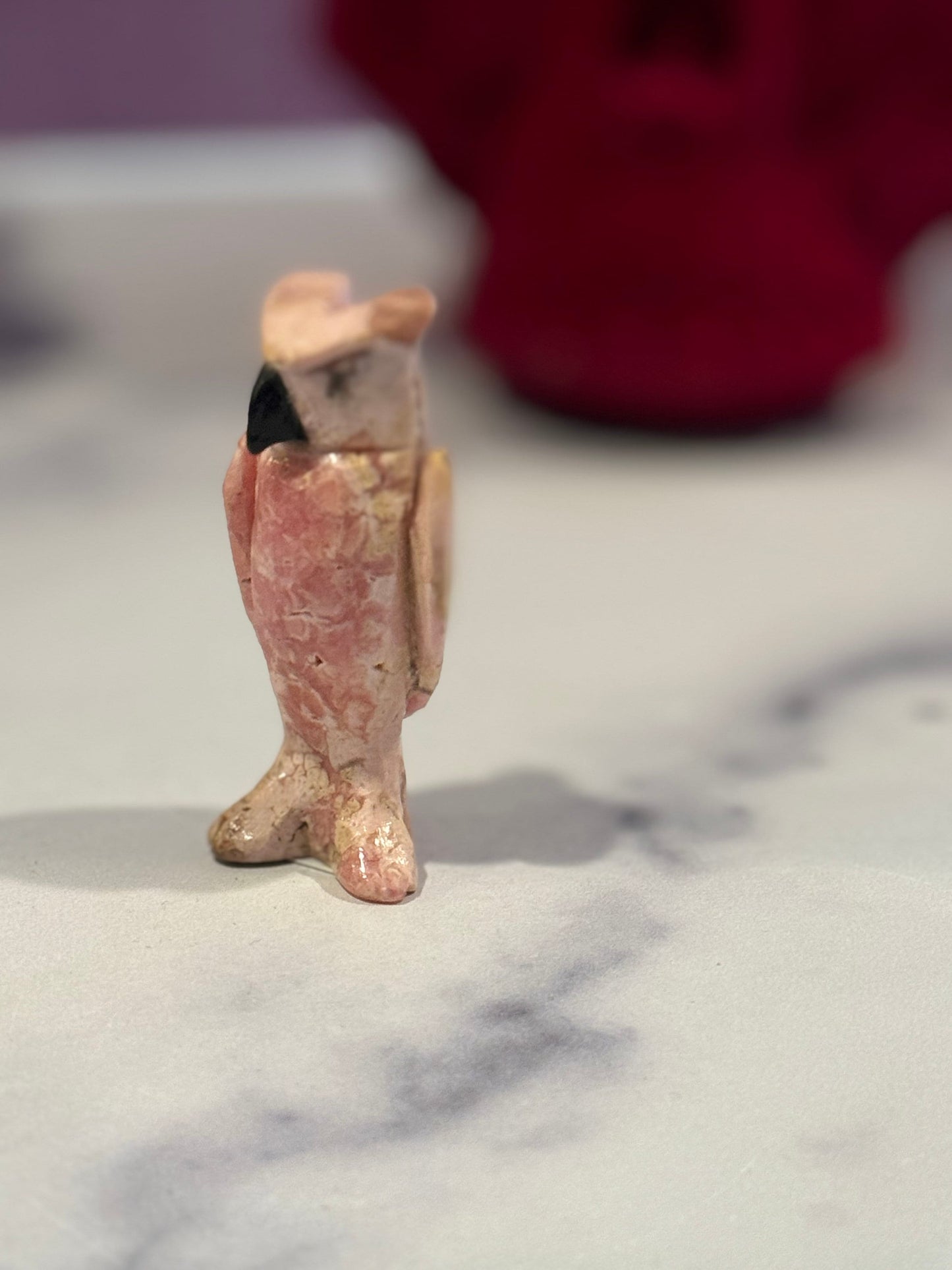 Rhodochrosite Owl Carving w/ Onyx Beak