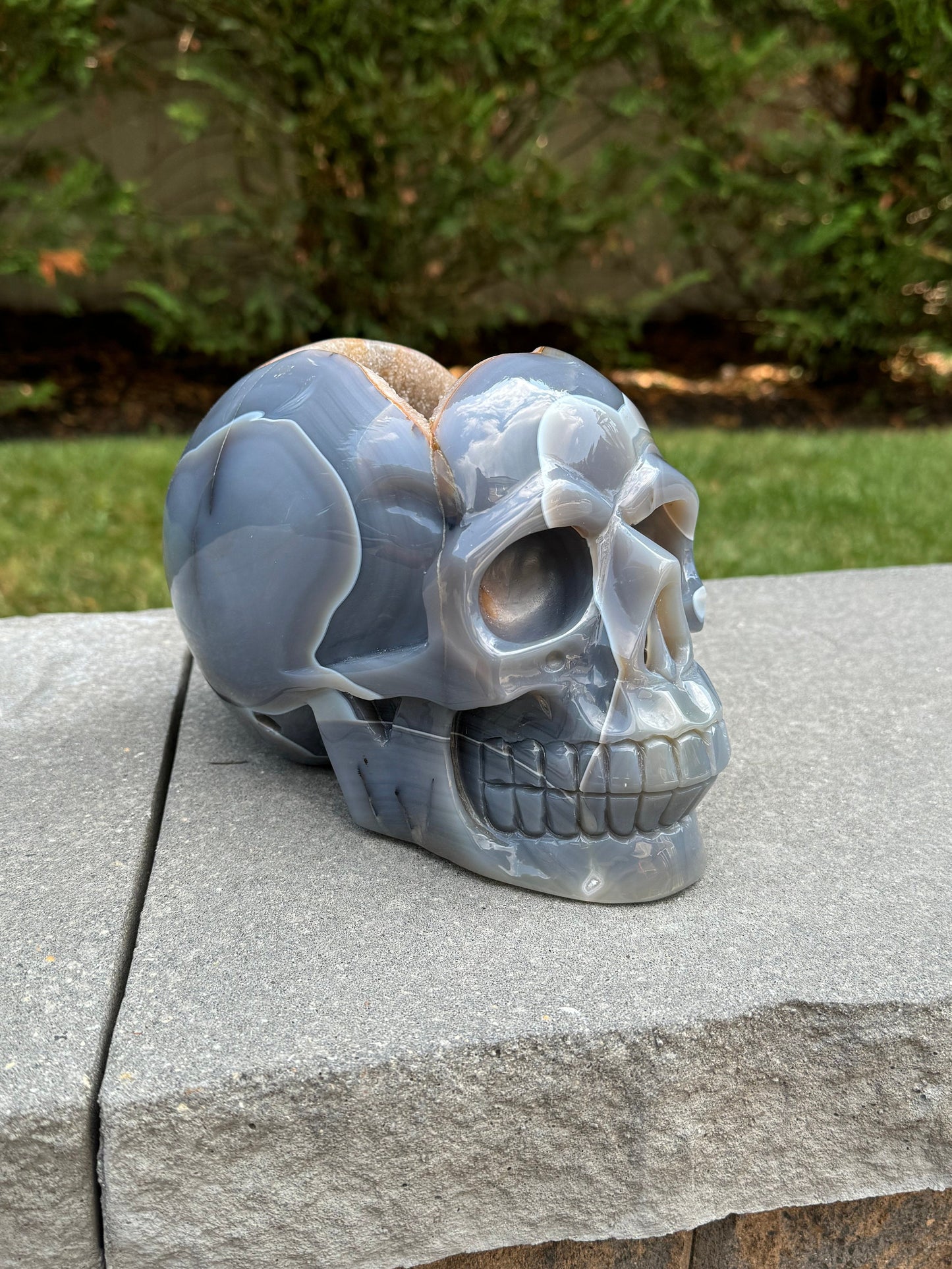 XL Druzy Banded Agate & Amethyst Hi-Def Geode Skull Carving (8")