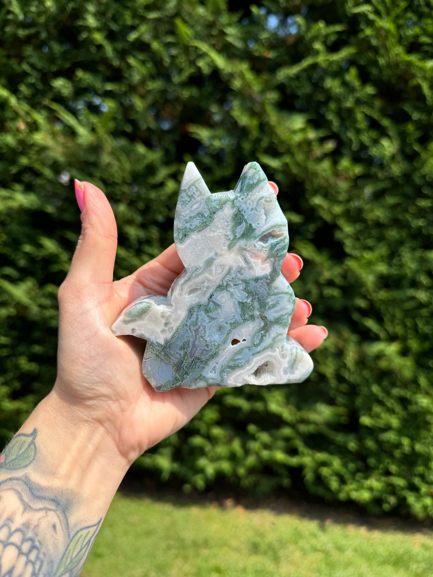 Druzy Pink Moss Agate Cat Carving