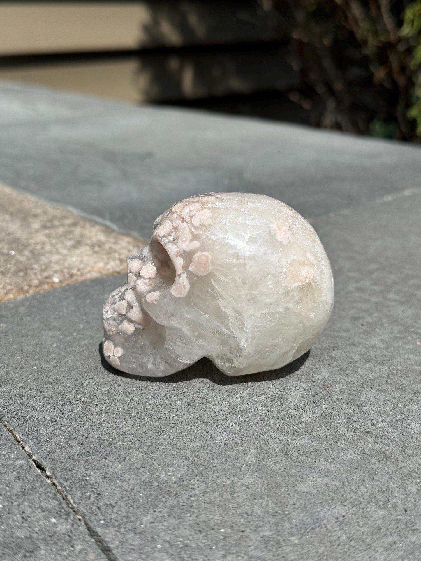 Flower Agate & Quartz Skull Carving
