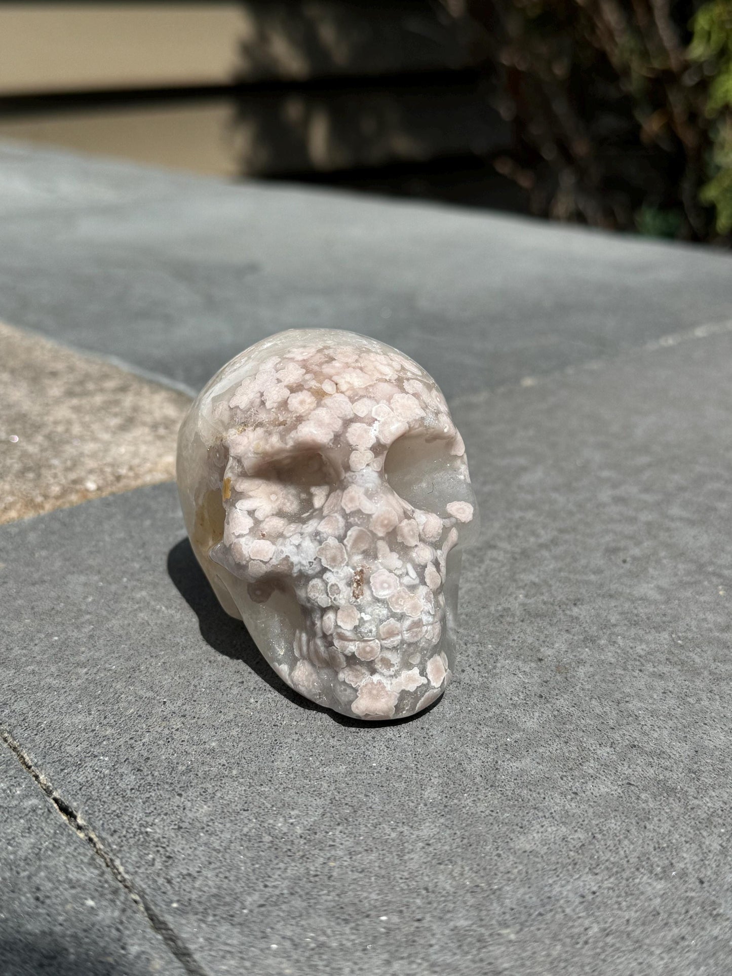 Flower Agate & Quartz Skull Carving