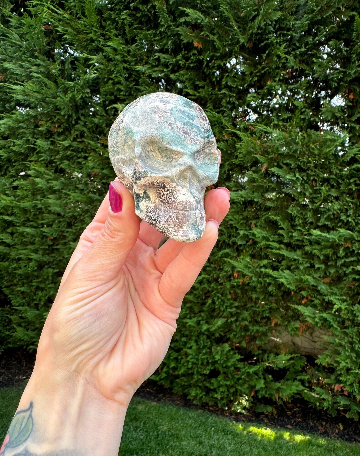 Green Sakura Jasper Skull Carving (2.87")