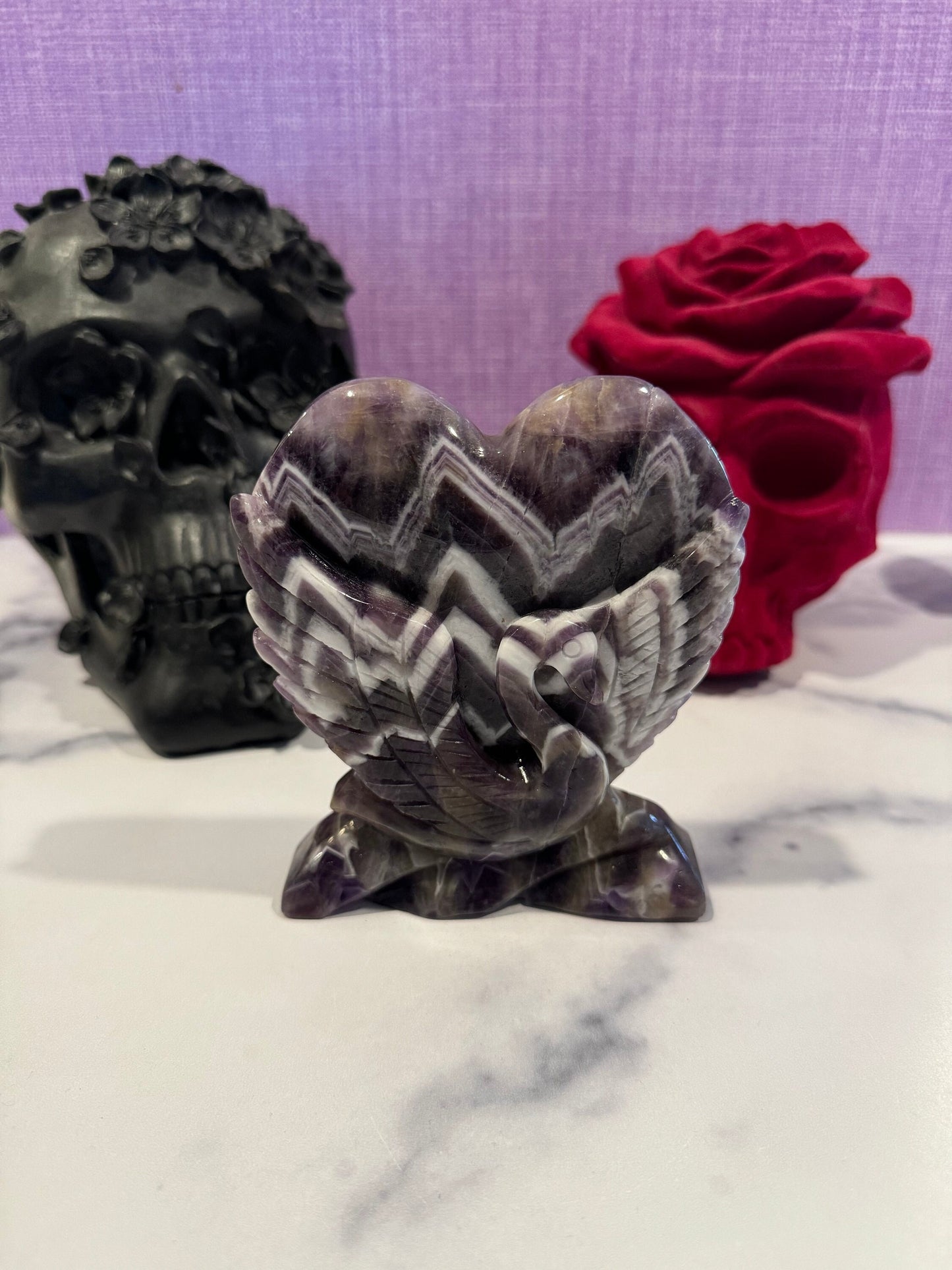 Chevron Amethyst Heart & Swan Carving