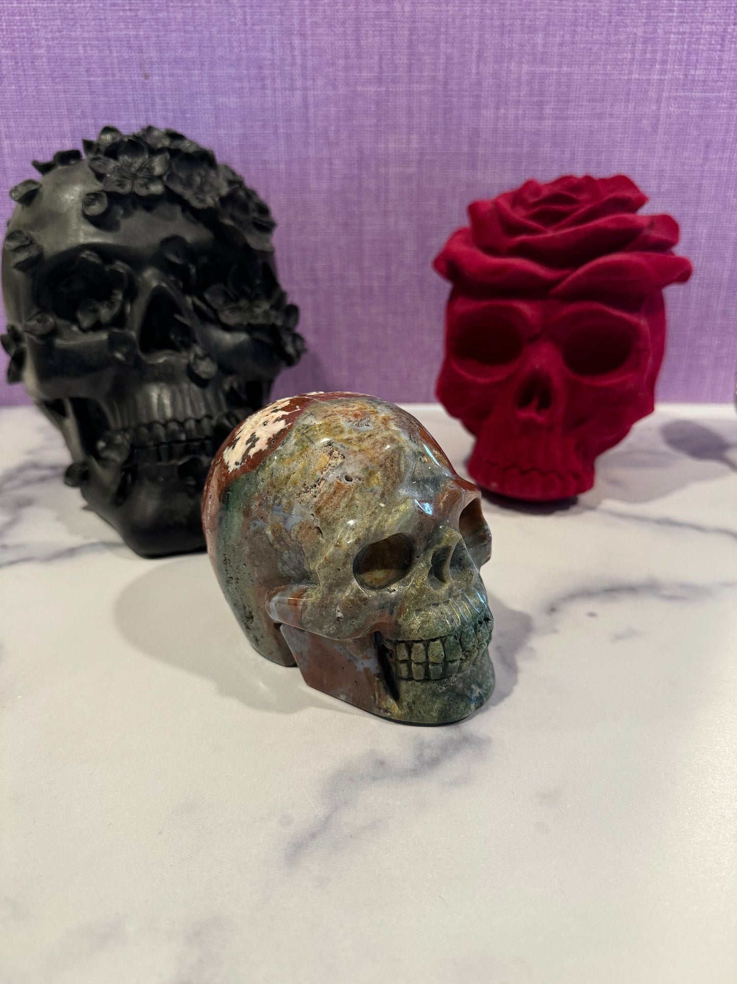 Druzy Ocean Jasper Skull Carving (4.33")