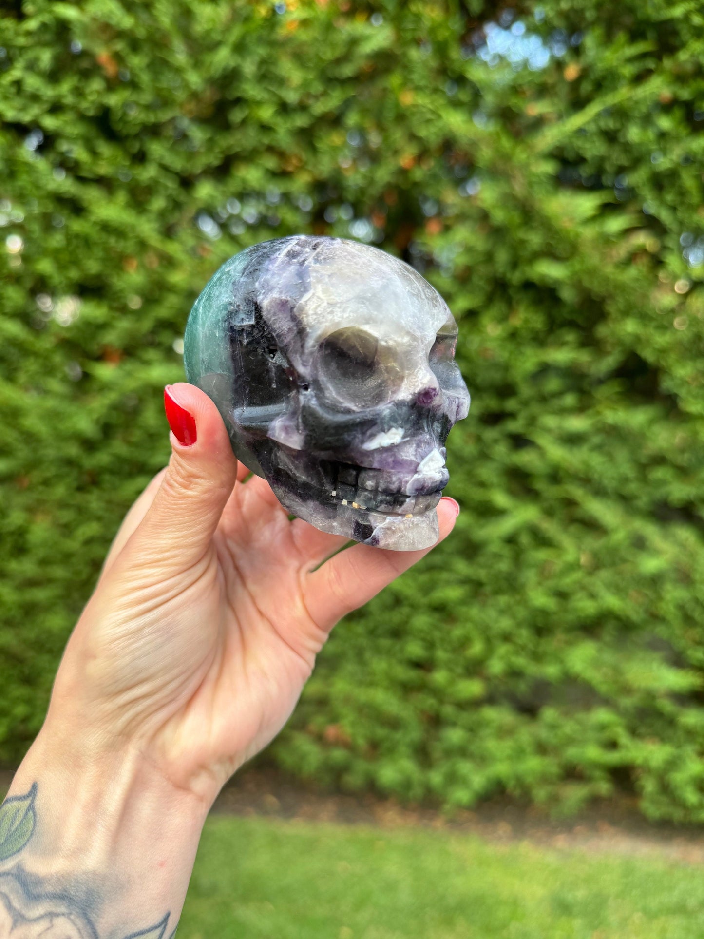 Green & Purple Fluorite Skull Carving (3.5")