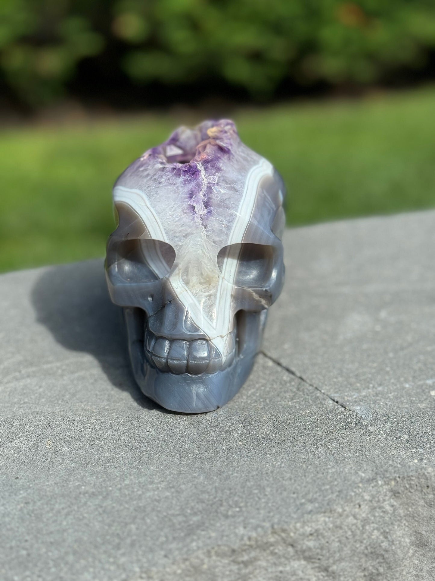 XL Druzy Banded Agate & Amethyst Hi-Def Geode Skull Carving (6")