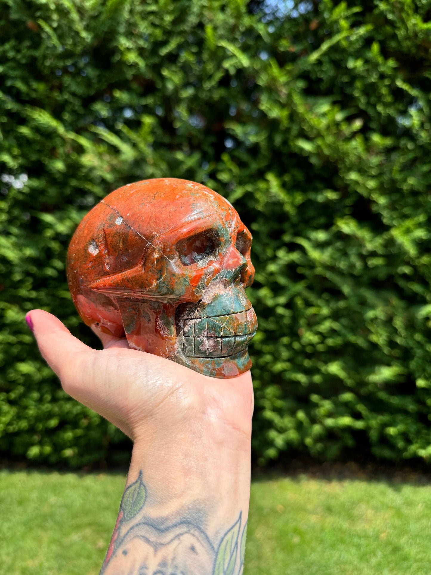 XL Druzy Ocean Jasper Skull Carving (4.6")