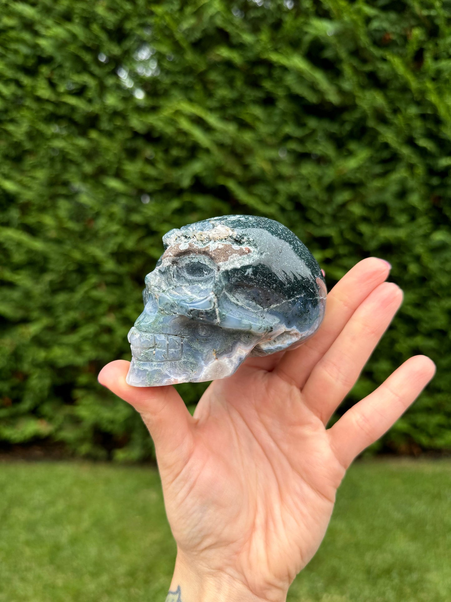 Druzy Moss Agate Skull Carving