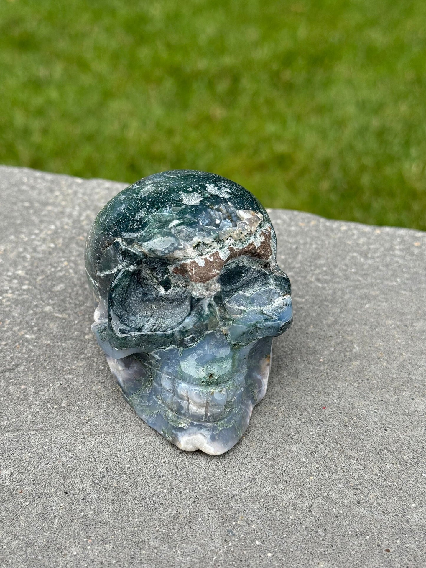 Druzy Moss Agate Skull Carving