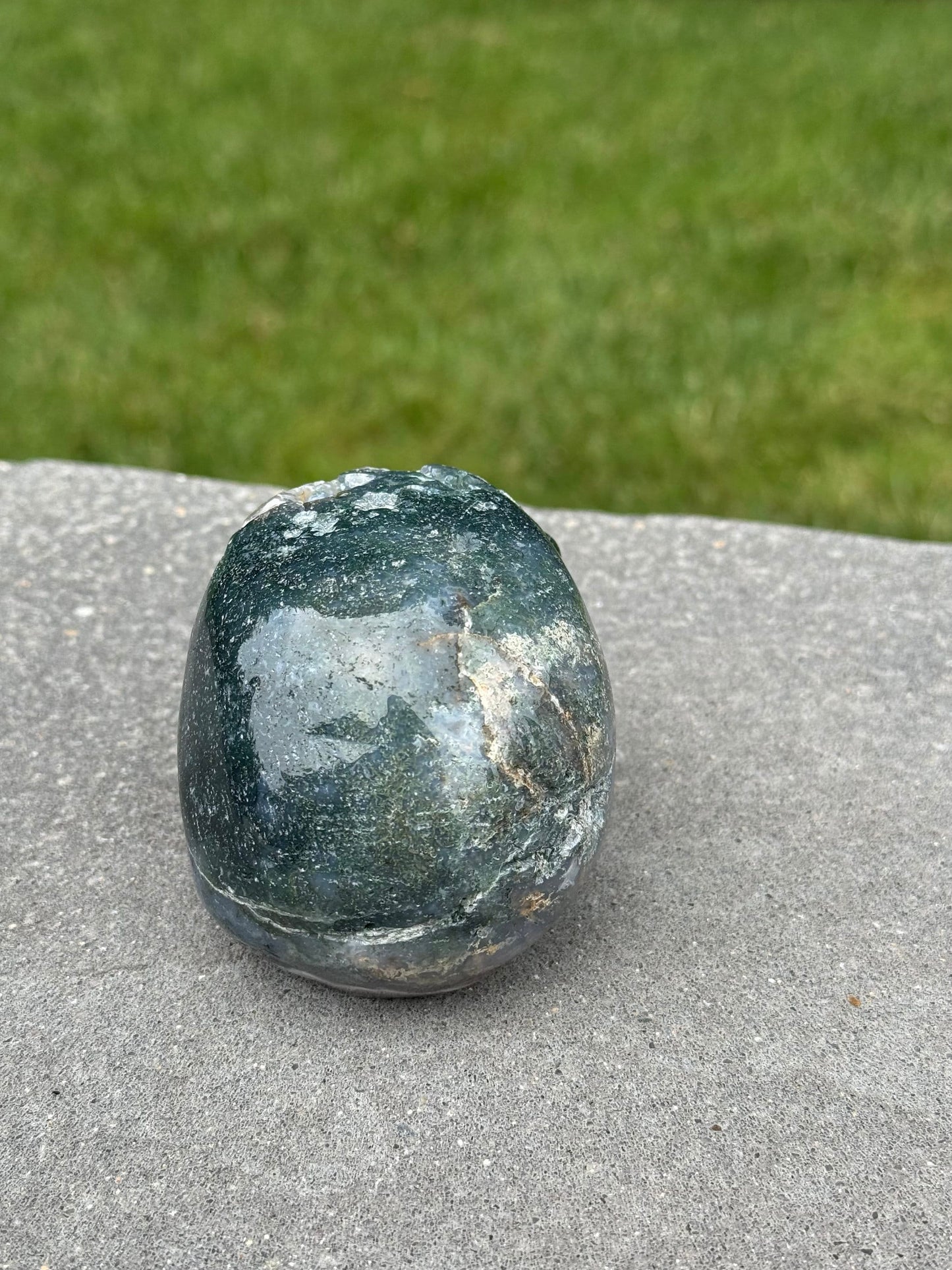 Druzy Moss Agate Skull Carving