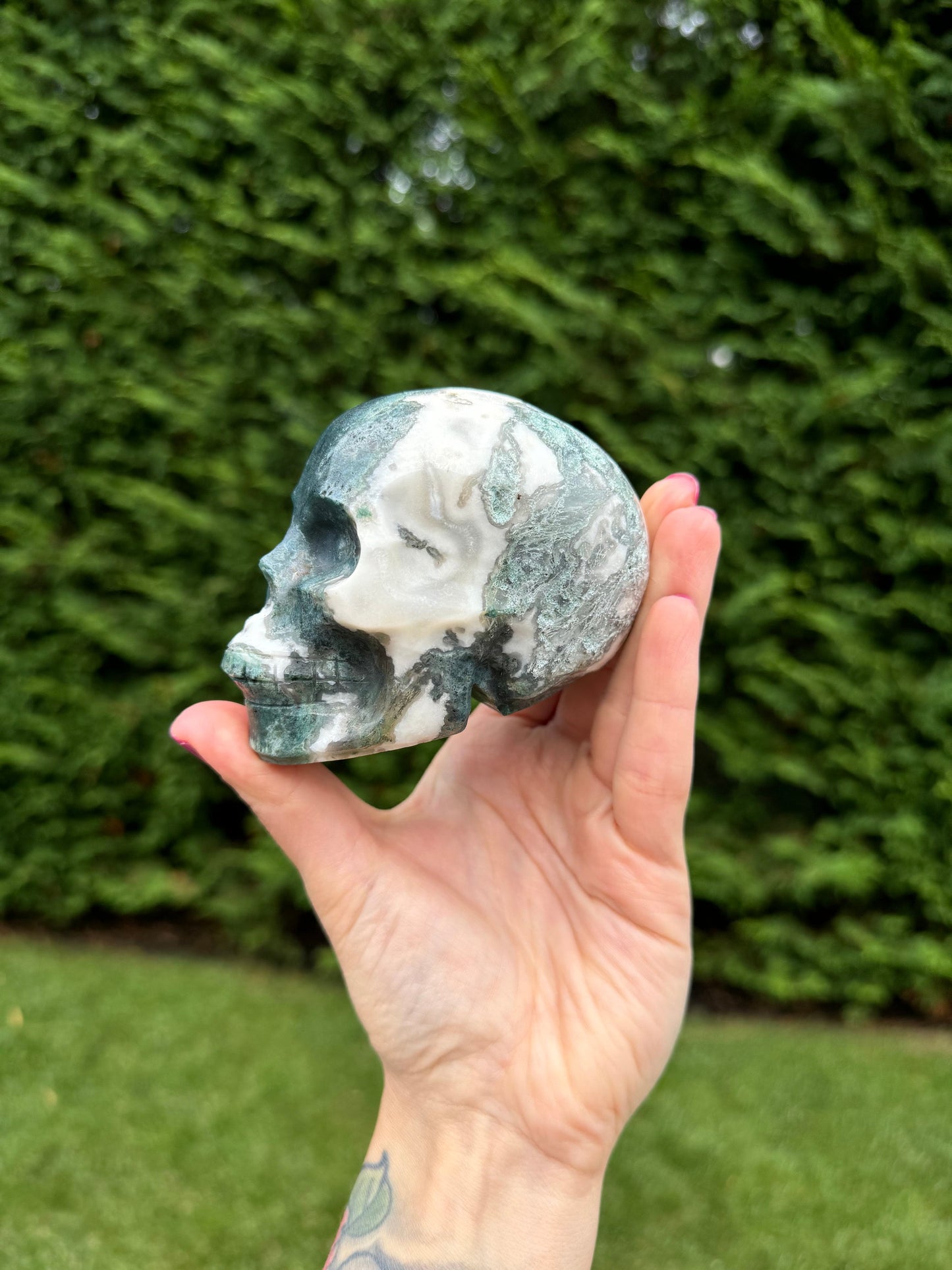 Druzy Moss Agate Skull Carving