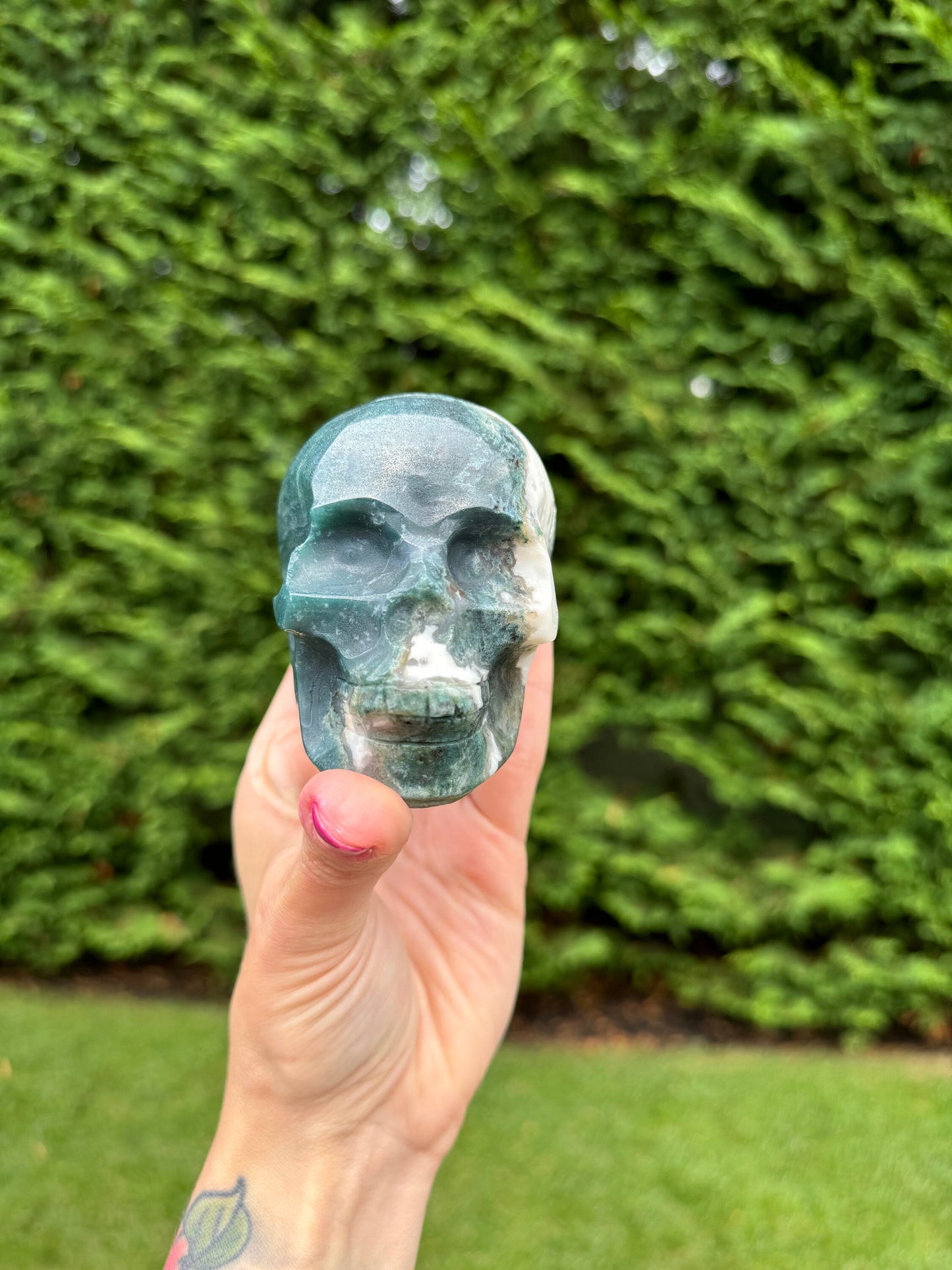Druzy Moss Agate Skull Carving