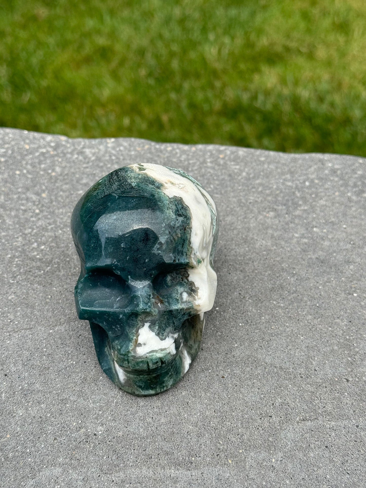 Druzy Moss Agate Skull Carving