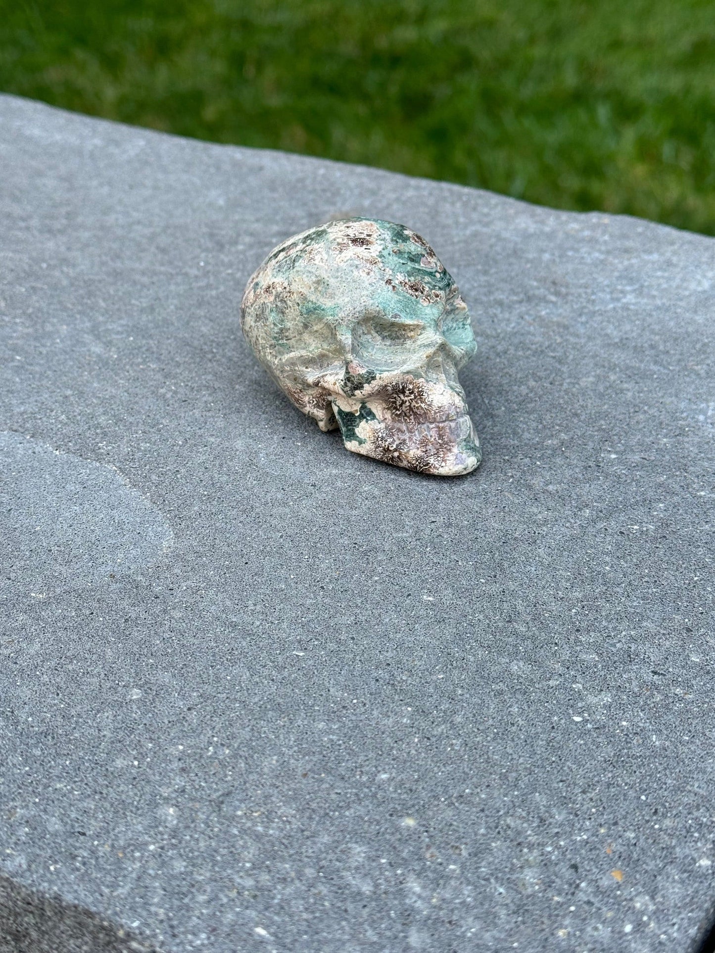 Green Sakura Jasper Skull Carving (2.87")