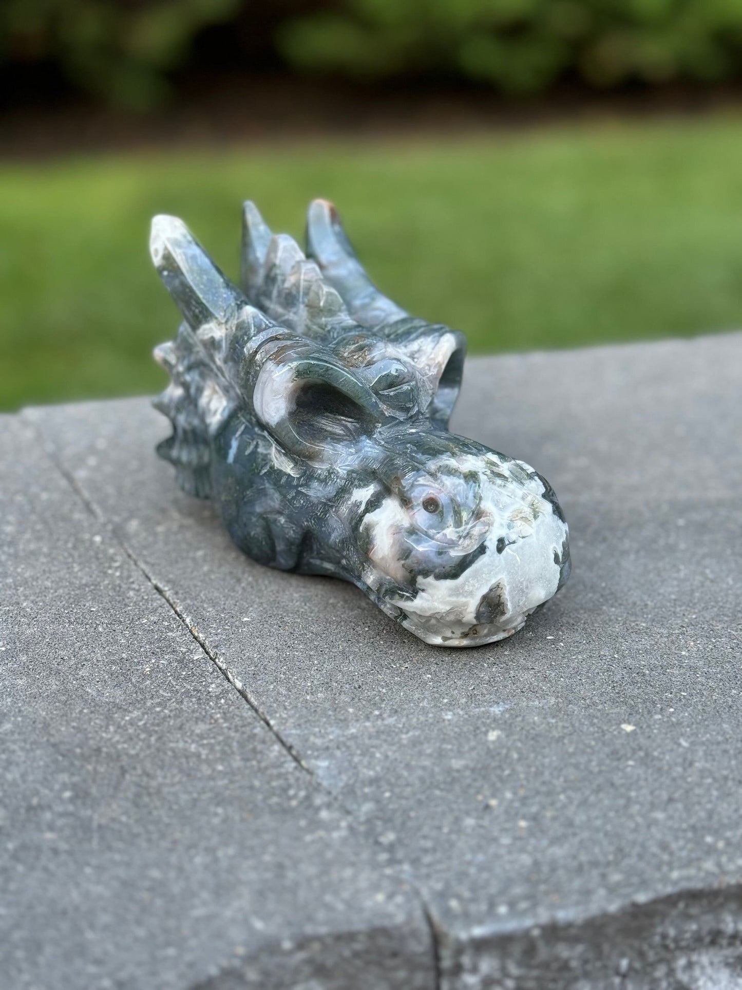XL Moss Agate Dragon Head Carving (5.3")