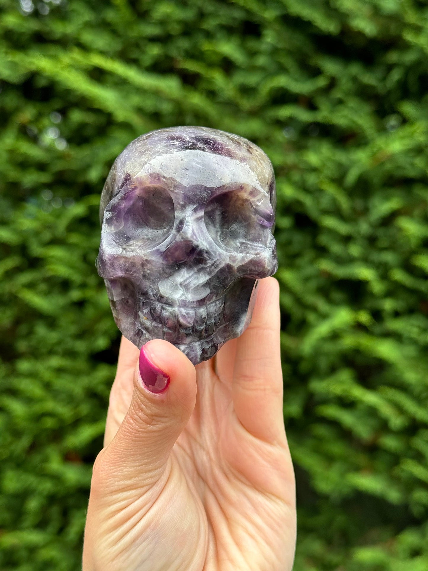 Chevron Amethyst & Smoky Quartz Skull Carving