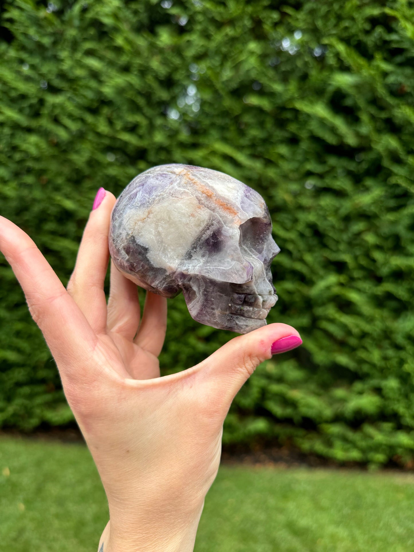 Chevron Amethyst Skull Carving (1.1lbs)