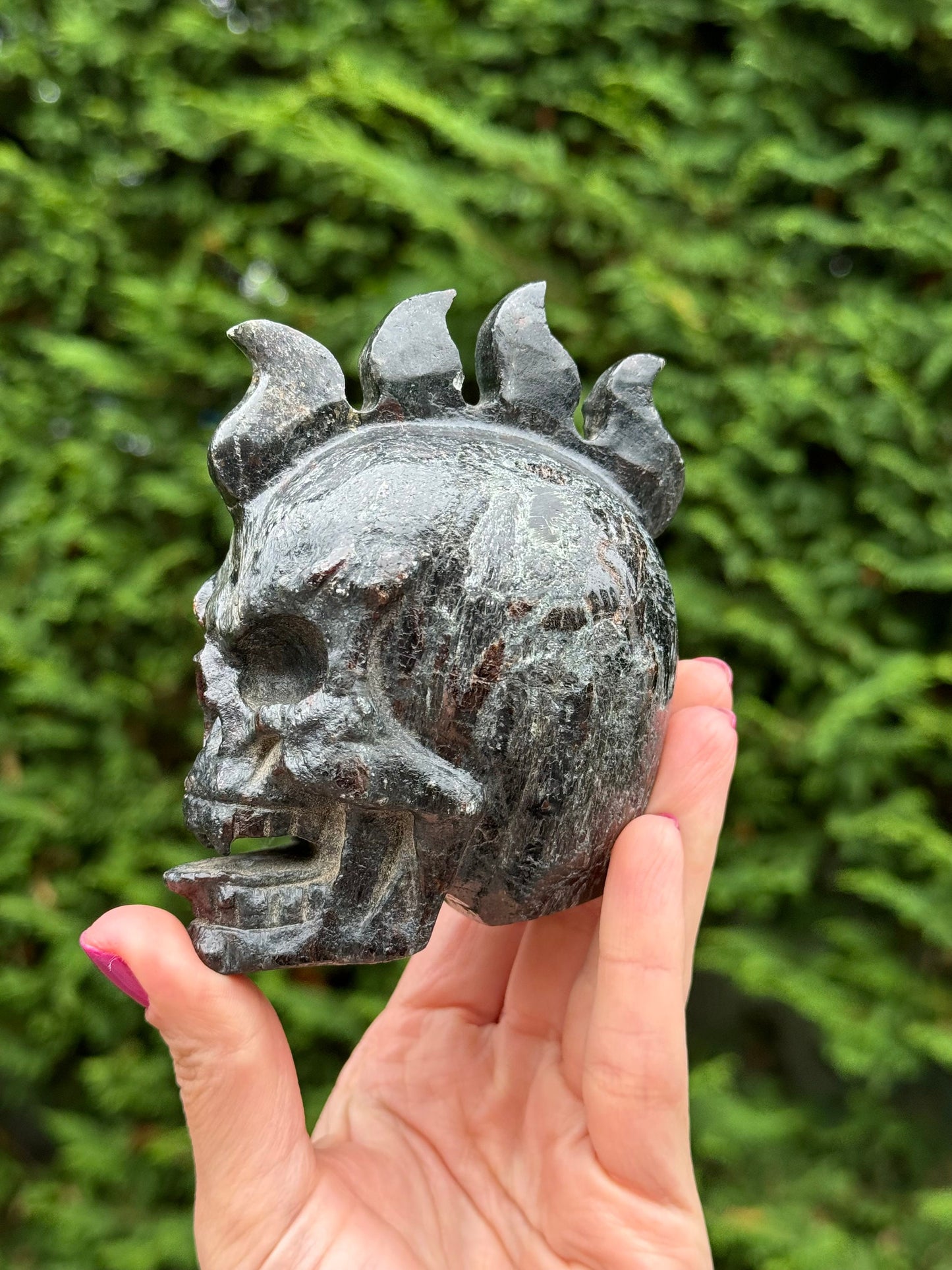 Garnet & Astrophyllite Mohawk Skull Carving (3.45")