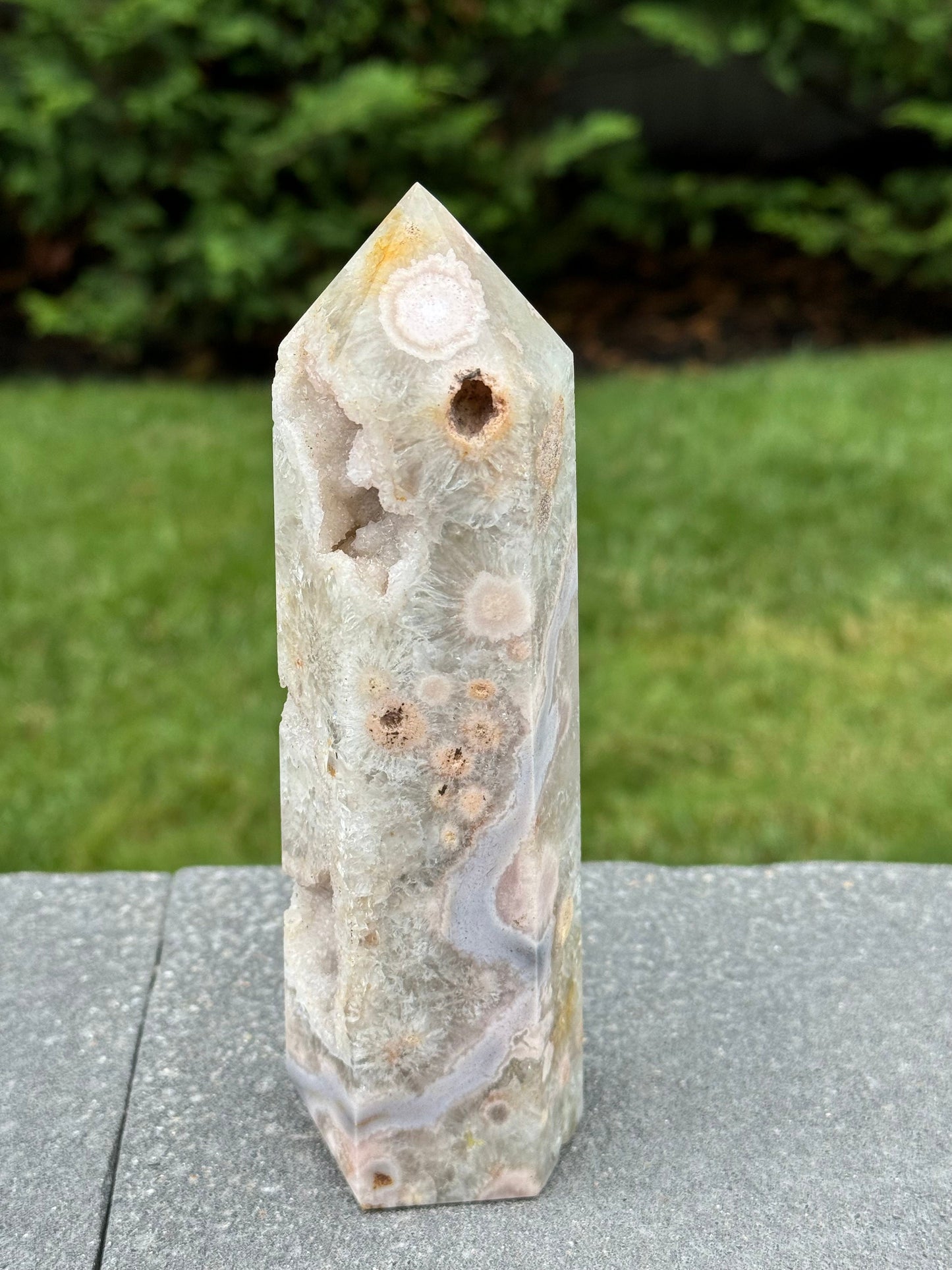 High Quality Green Quartz & Flower Agate Druzy Tower