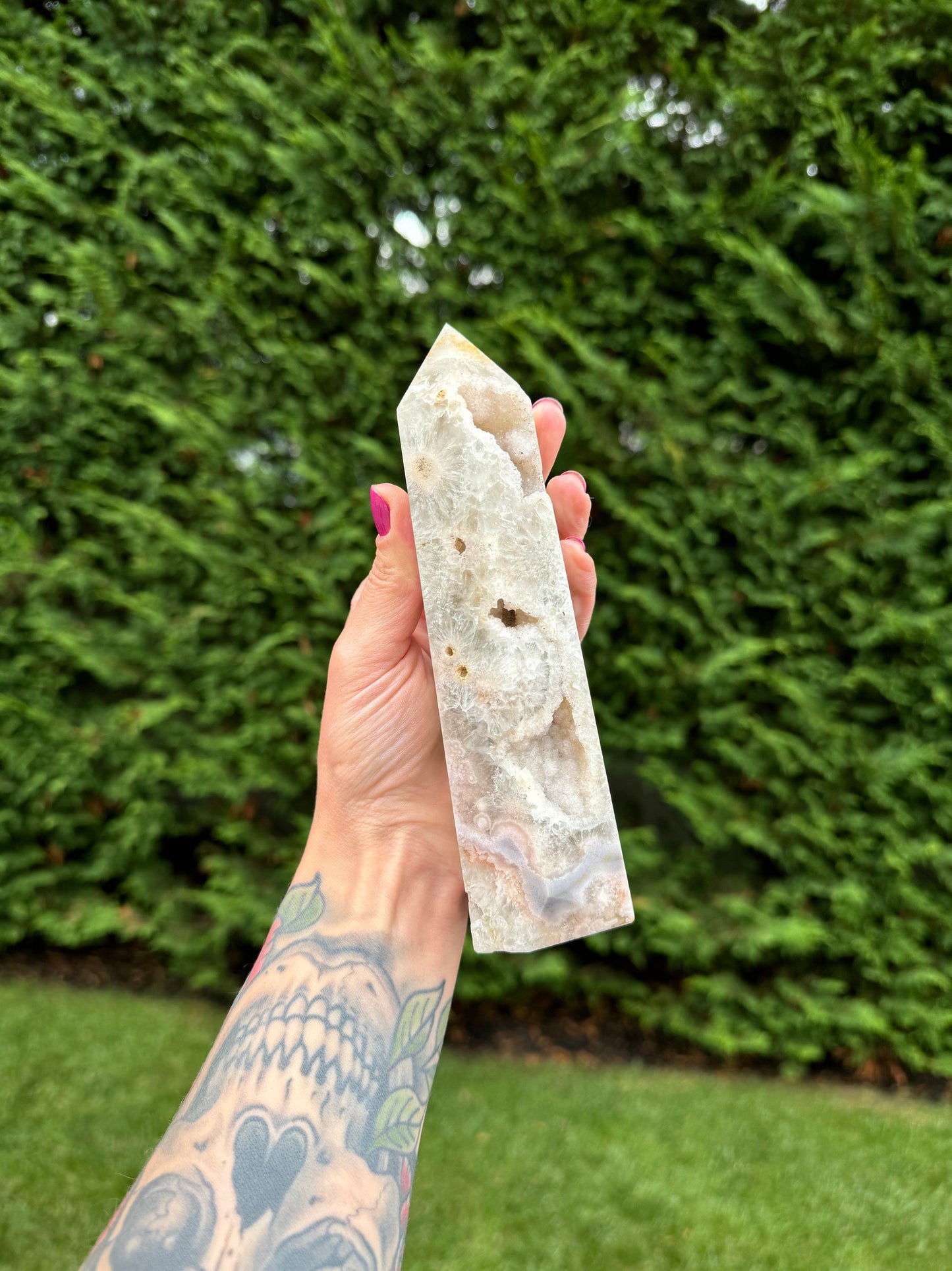 High Quality Green Quartz & Flower Agate Druzy Tower