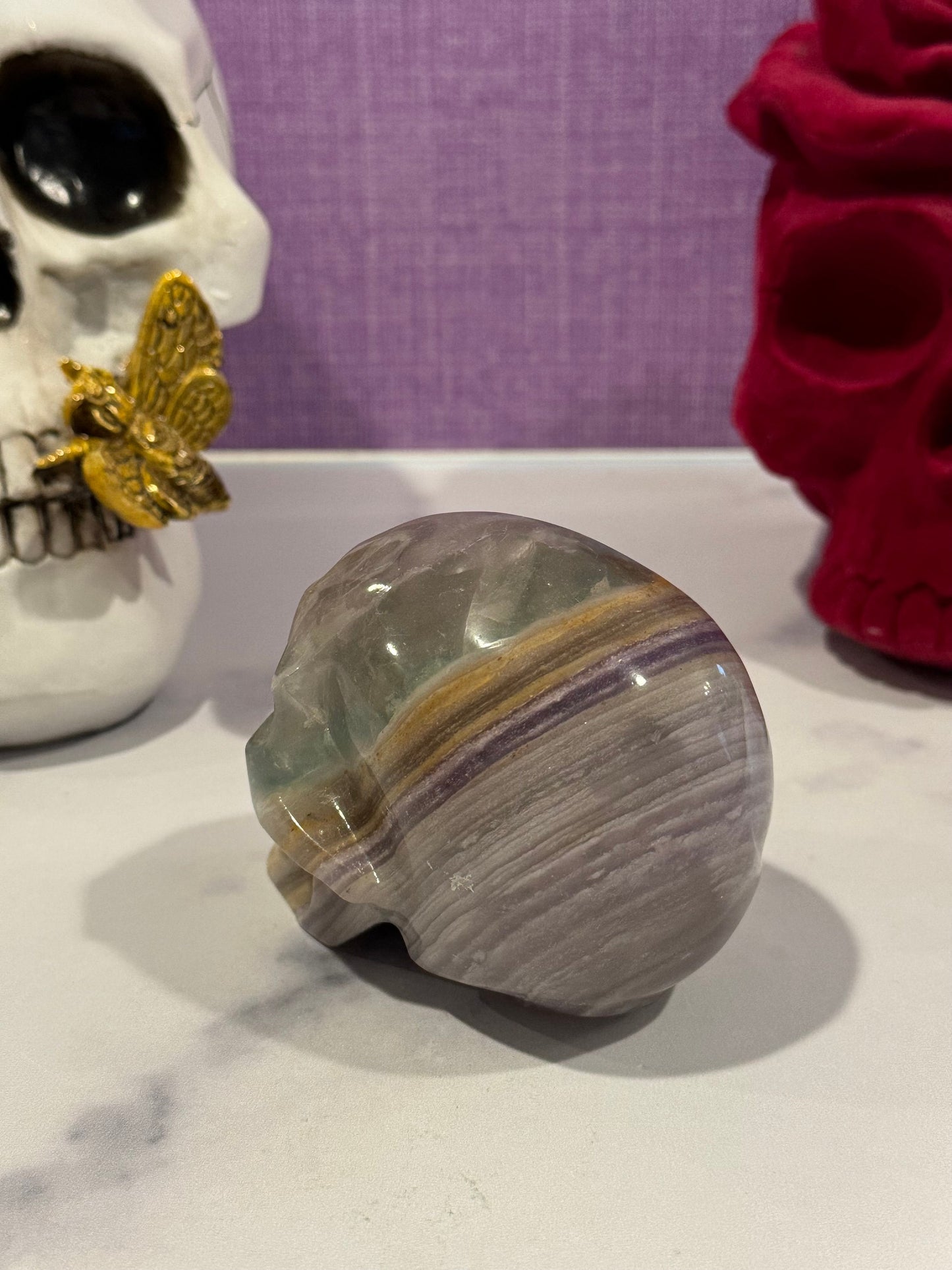 Banded Fluorite Skull Carving (3.5")