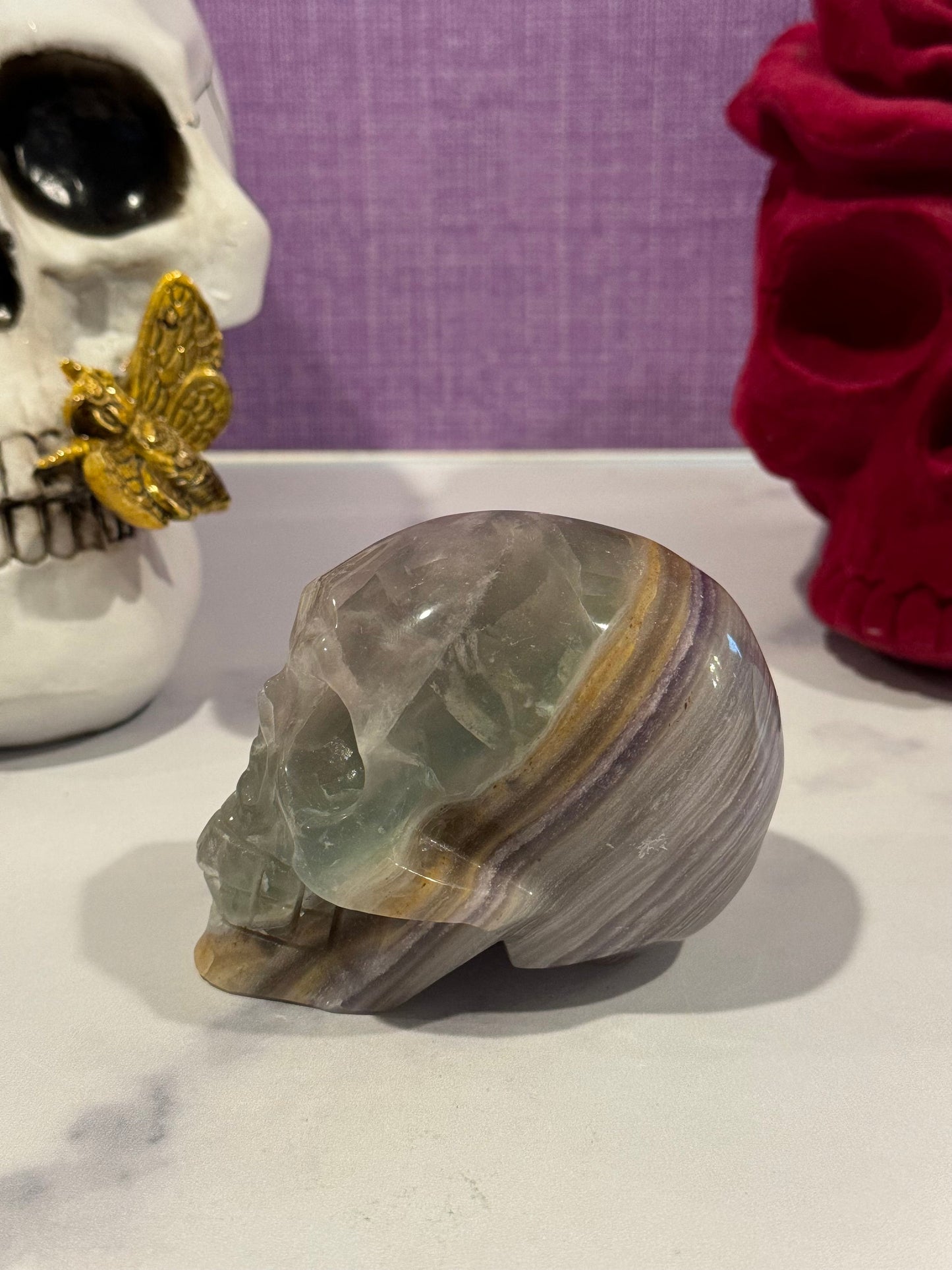 Banded Fluorite Skull Carving (3.5")
